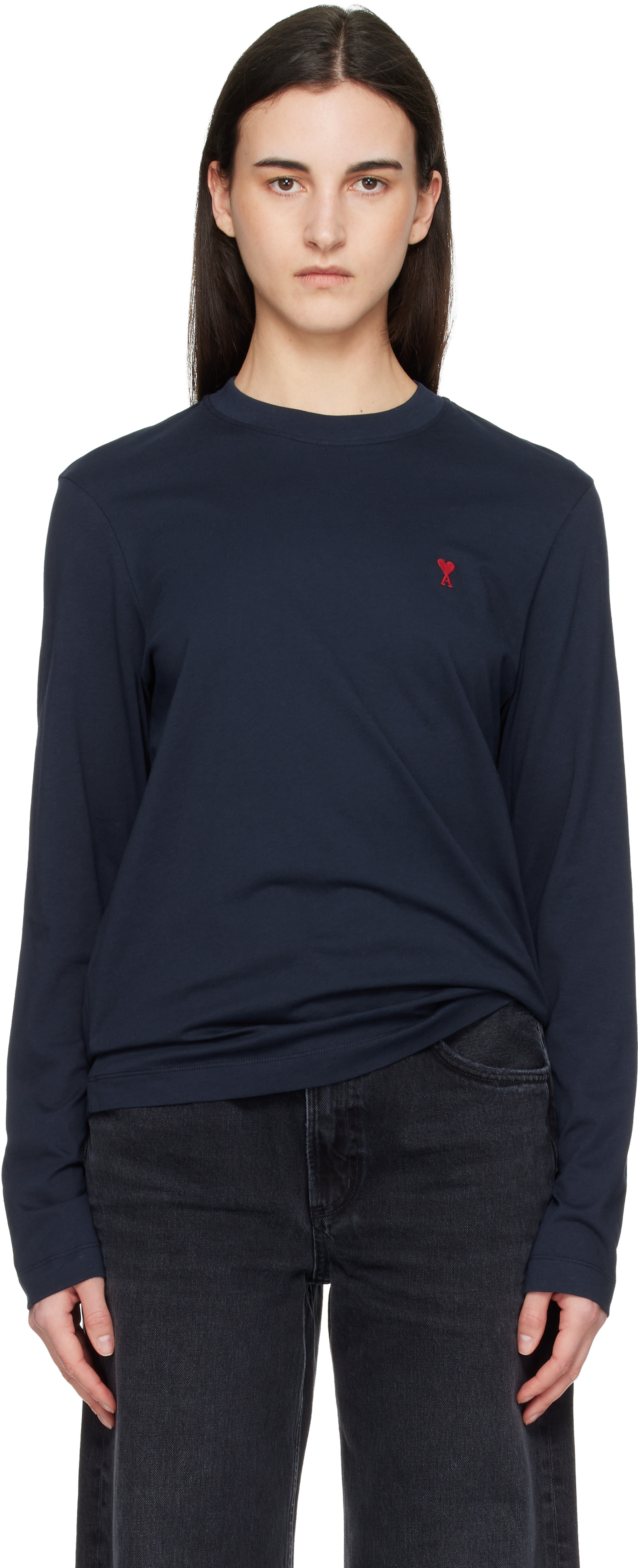 AMI Paris: Navy Cotton Ami de Coeur Long Sleeves T-shirt | SSENSE