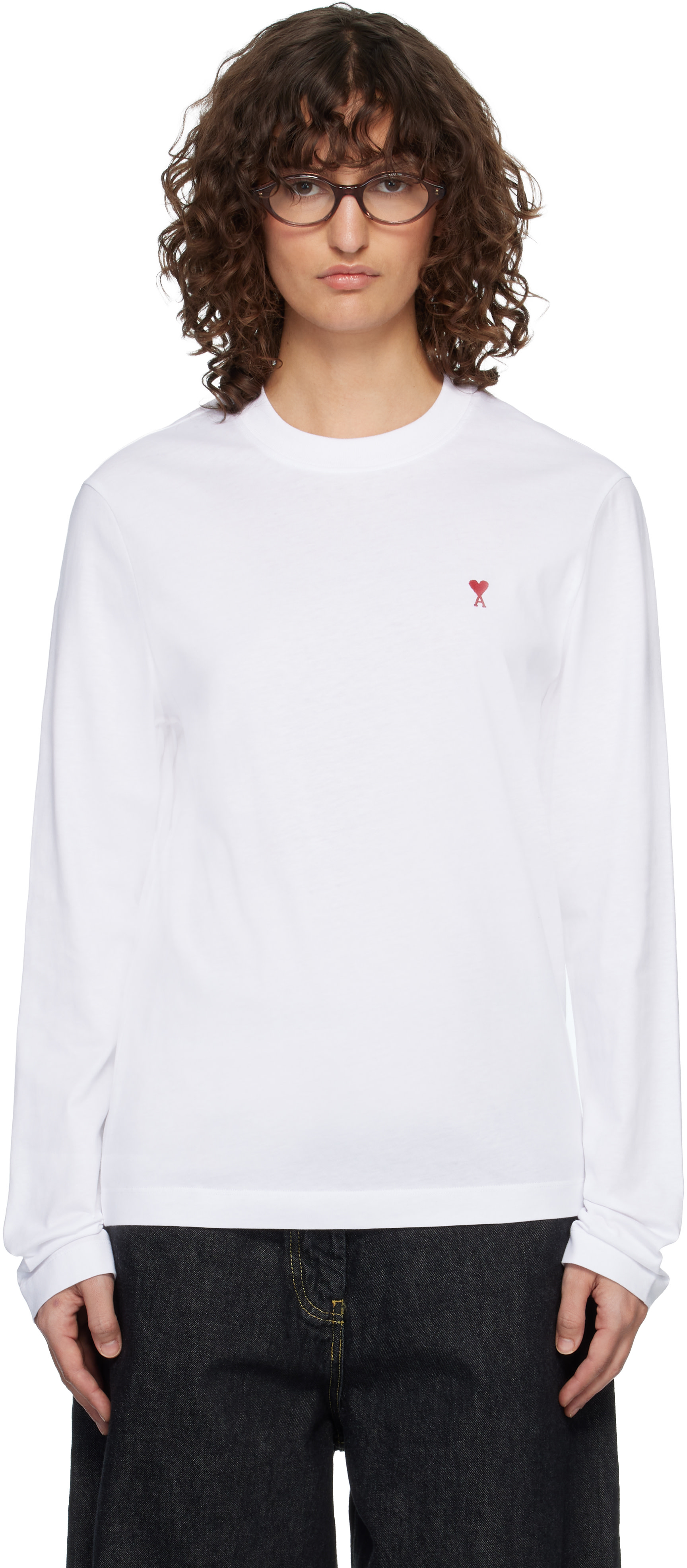 AMI Paris: White Ami de Coeur Long Sleeves T-shirt | SSENSE Germany