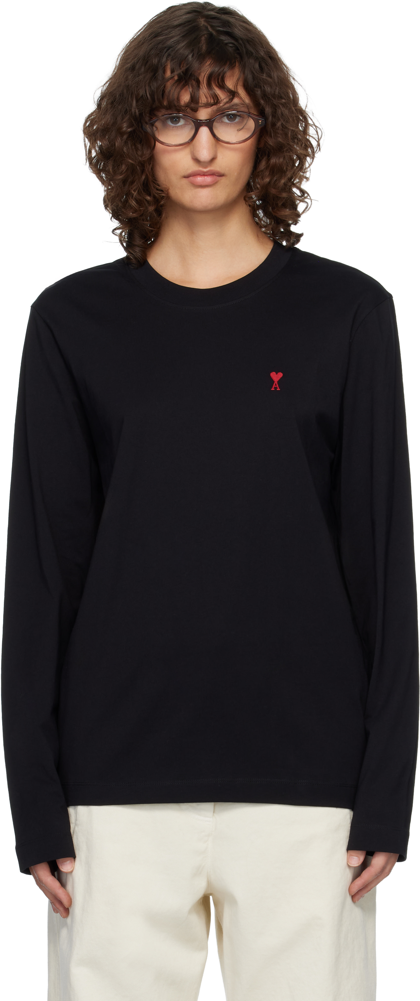 ami paris ブラック 長袖トップス　長袖カットソー AMI Paris: ブラック Ami de Coeur 長袖Tシャツ | SSENSE 日本