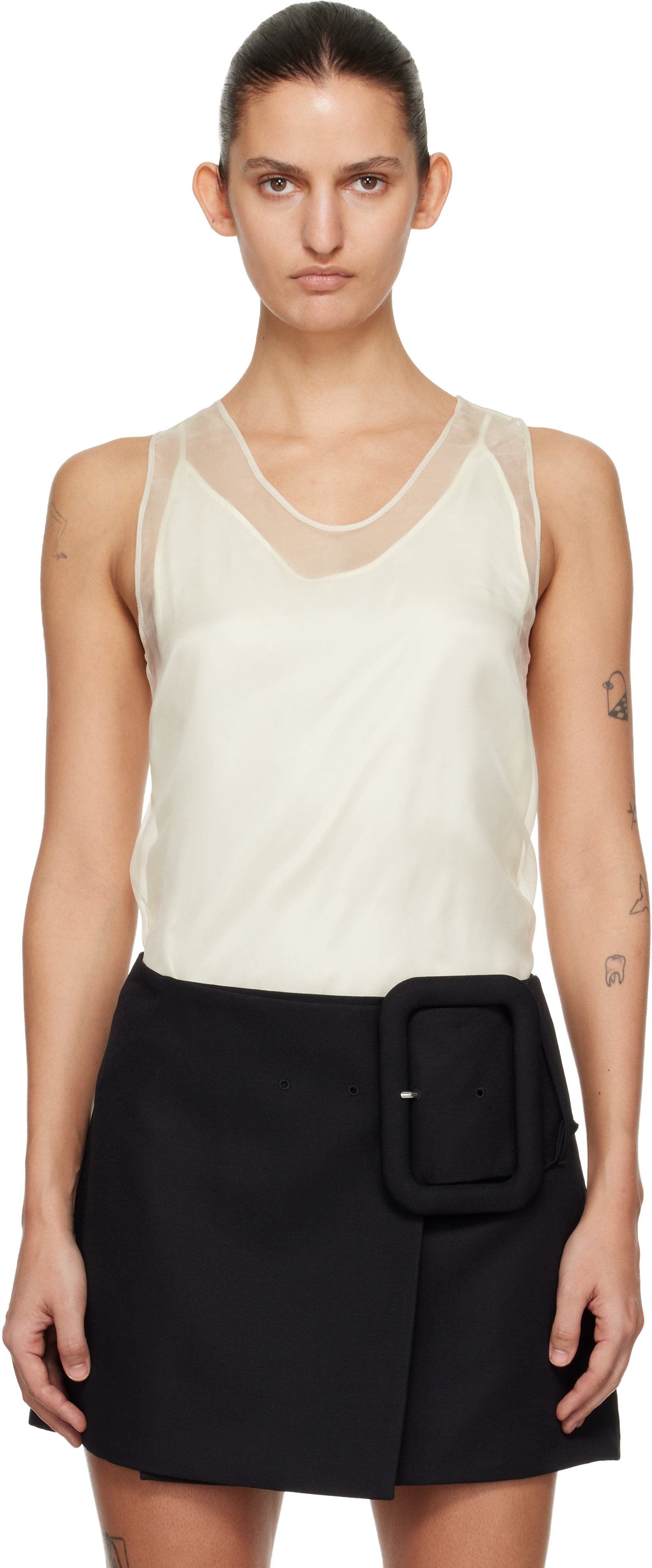 AMI Paris: Off-White Sheer Silk Tank Top | SSENSE