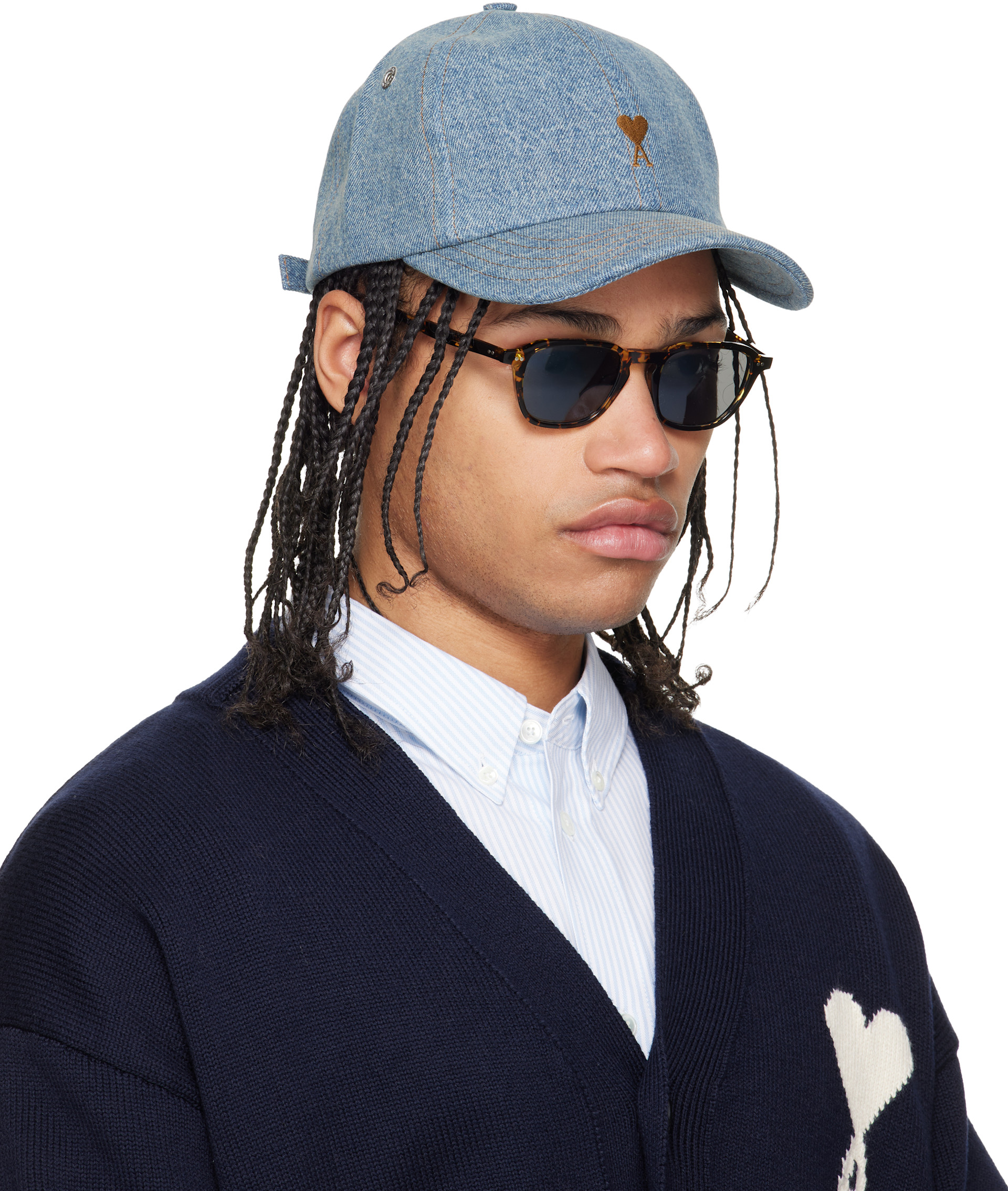 AMI Paris: Blue Denim Ami de Coeur Embroidery Cap | SSENSE