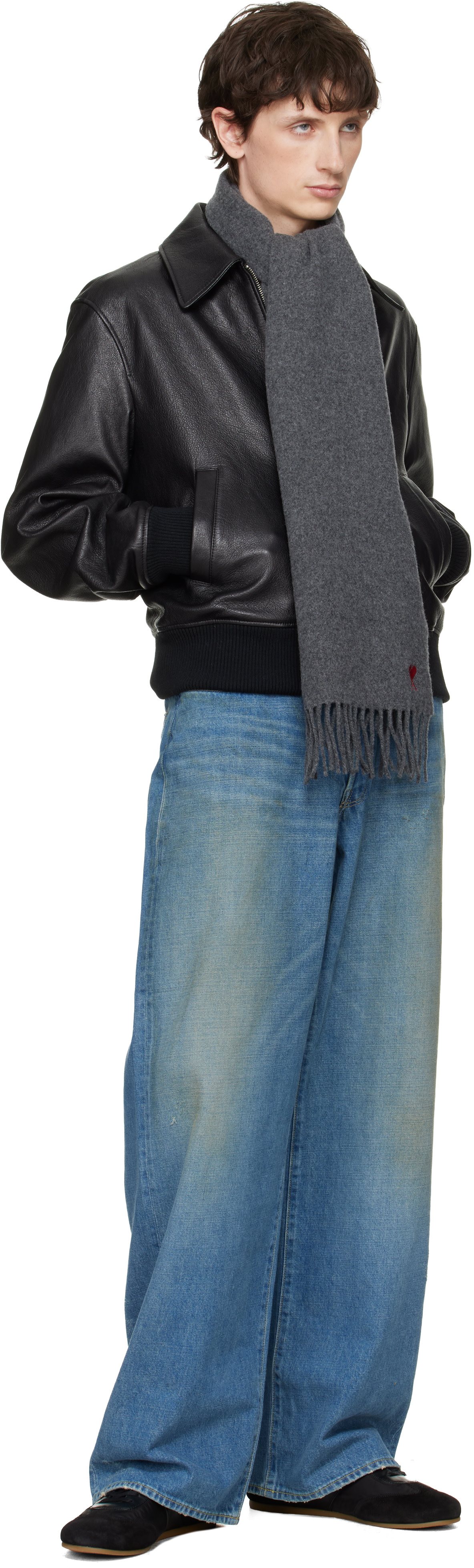 AMI Paris: Gray Wool Ami De Coeur Scarf | SSENSE