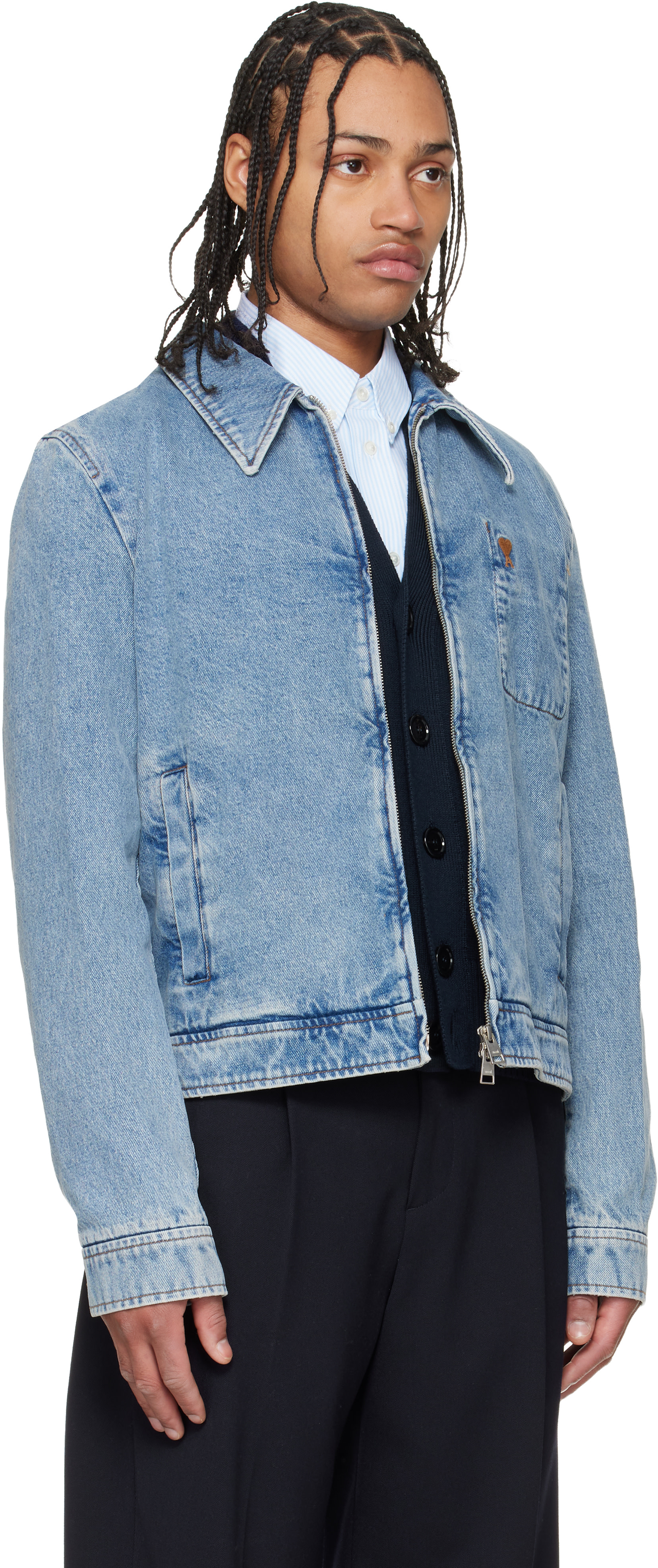 AmiParisデニムブルー クロップドジャケット AMI Paris: ブルー Cotton Contrasted 'Ami De Coeur' デニム