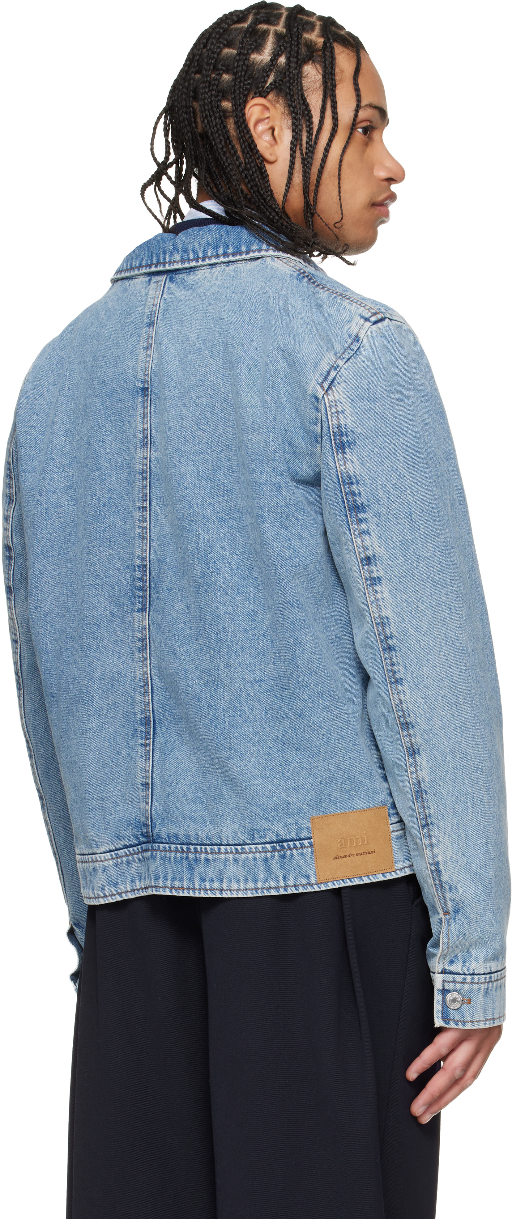 AMI Paris: Blue Cotton Contrasted 'Ami De Coeur' Denim Jacket | SSENSE