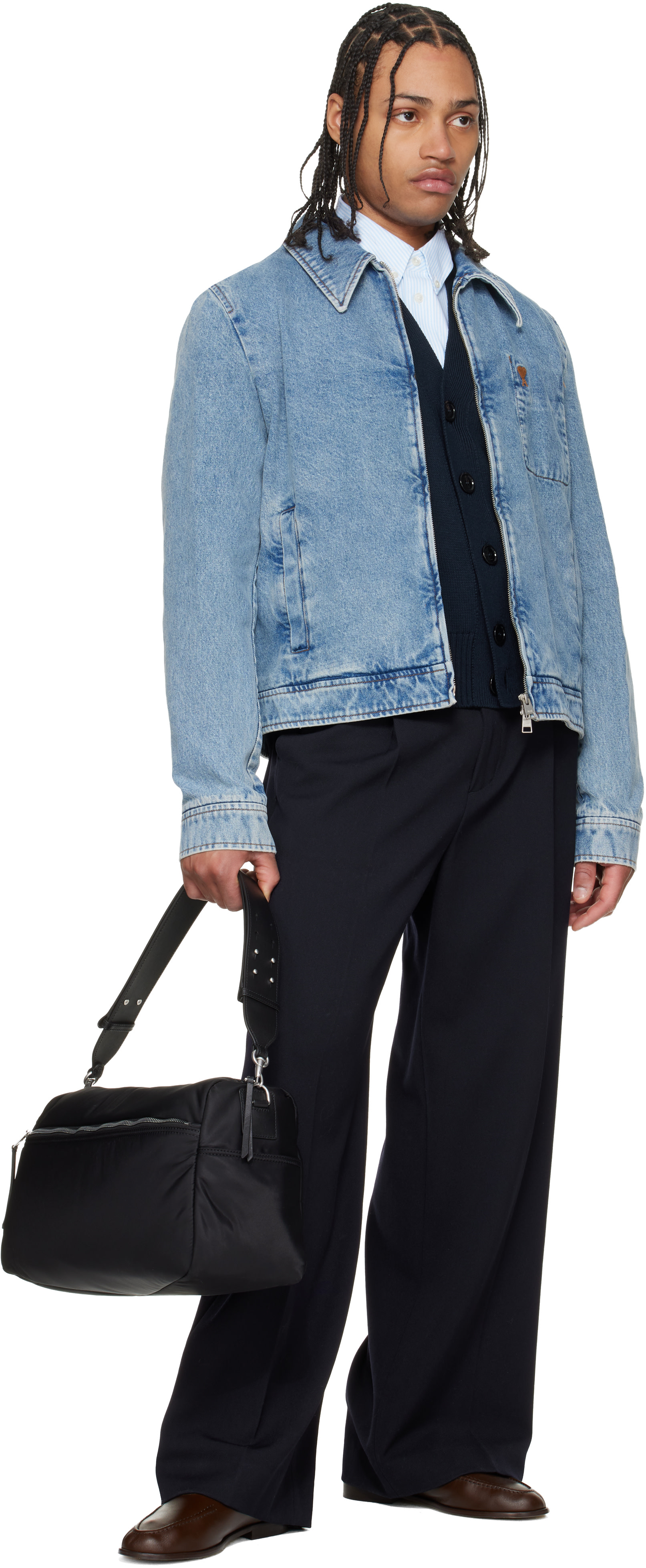 AMI Paris: Blue Cotton Contrasted 'Ami De Coeur' Denim Jacket | SSENSE