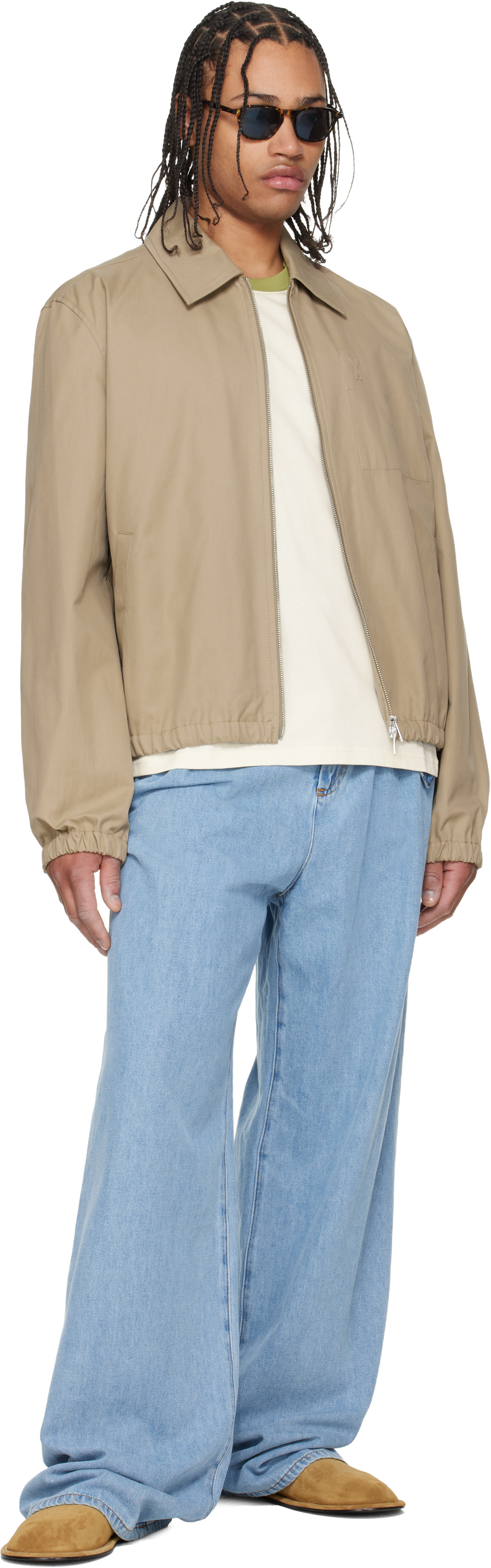 AMI Paris: Beige Cotton 'Ami De Coeur' Zipped Jacket | SSENSE