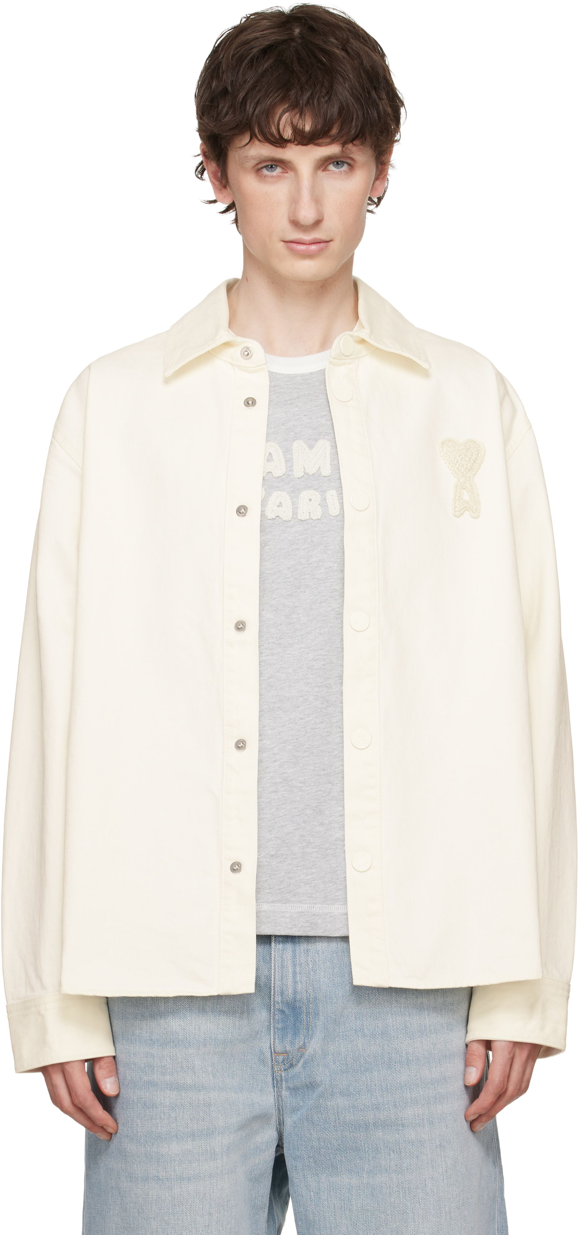 AMI Paris: White Cotton Knitted 'Ami de Coeur' Overshirt | SSENSE