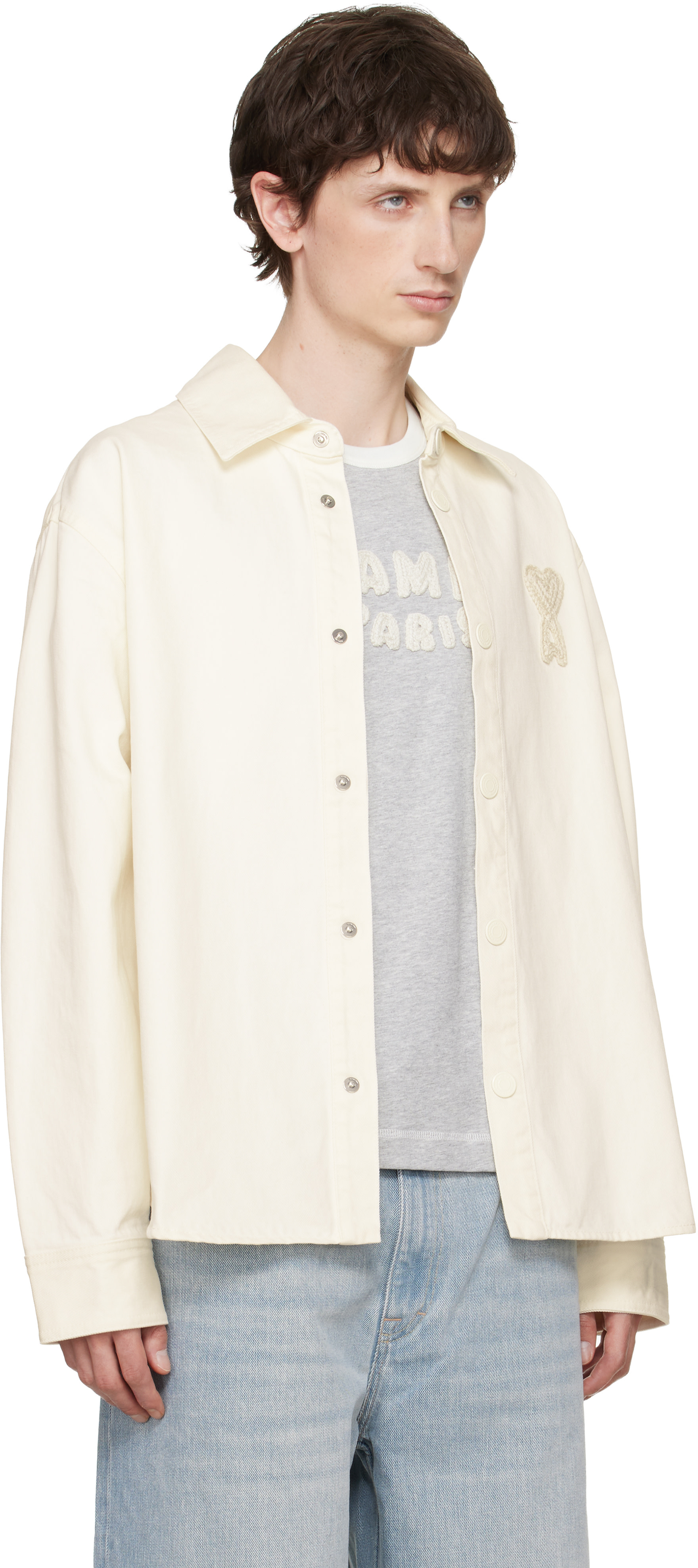 AMI Paris: White Cotton Knitted 'Ami de Coeur' Overshirt | SSENSE