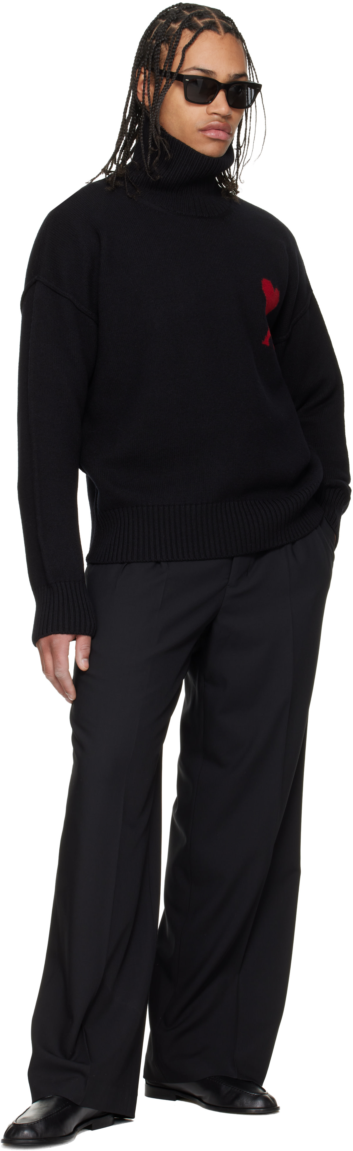 Ami Paris ブラックワイドパンツ　スラックス　S AMI Paris: Black New Wool Low Waist Wide Trousers | SSENSE