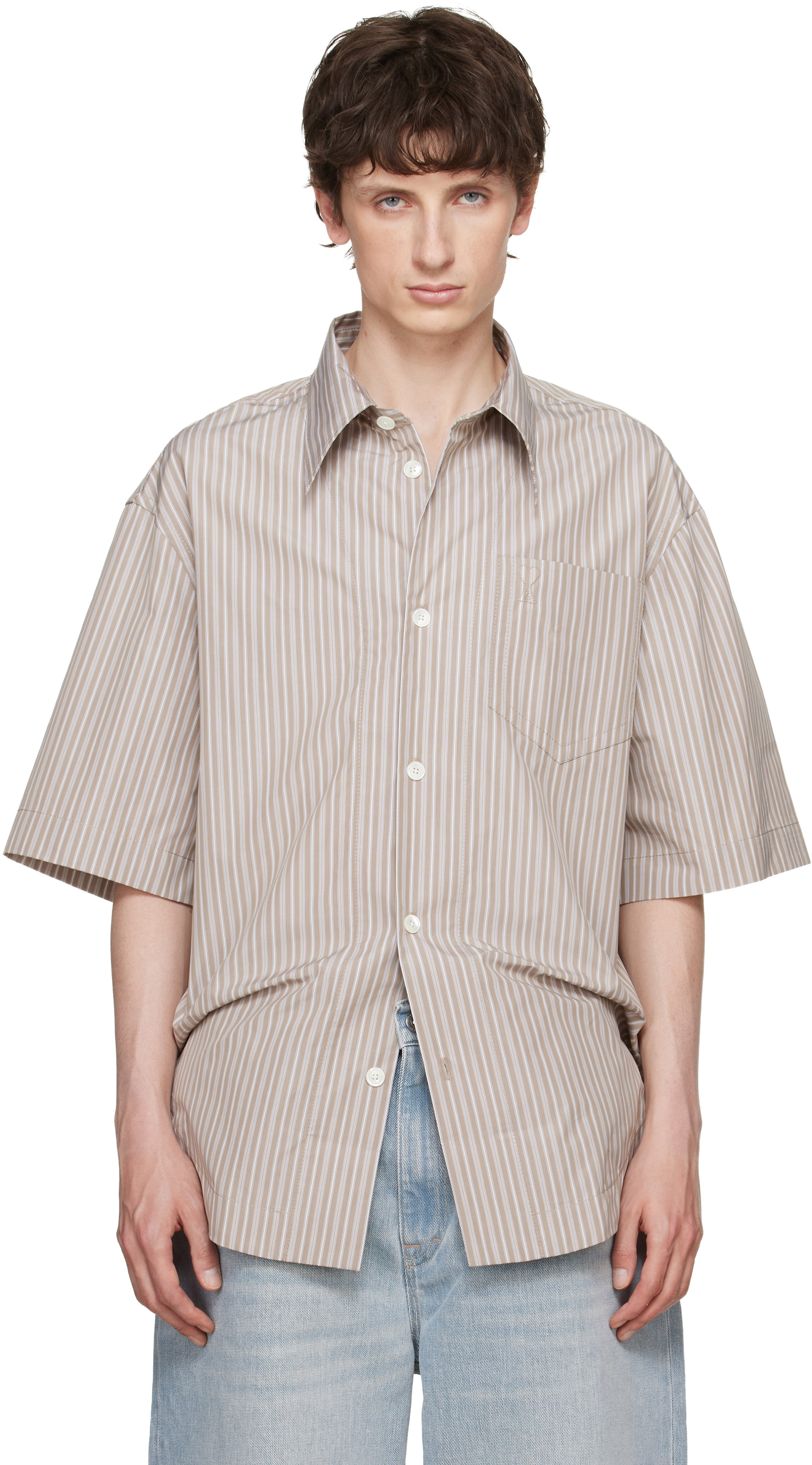 AMI Paris: Beige Striped 'Ami de Coeur' Wide Shirt | SSENSE