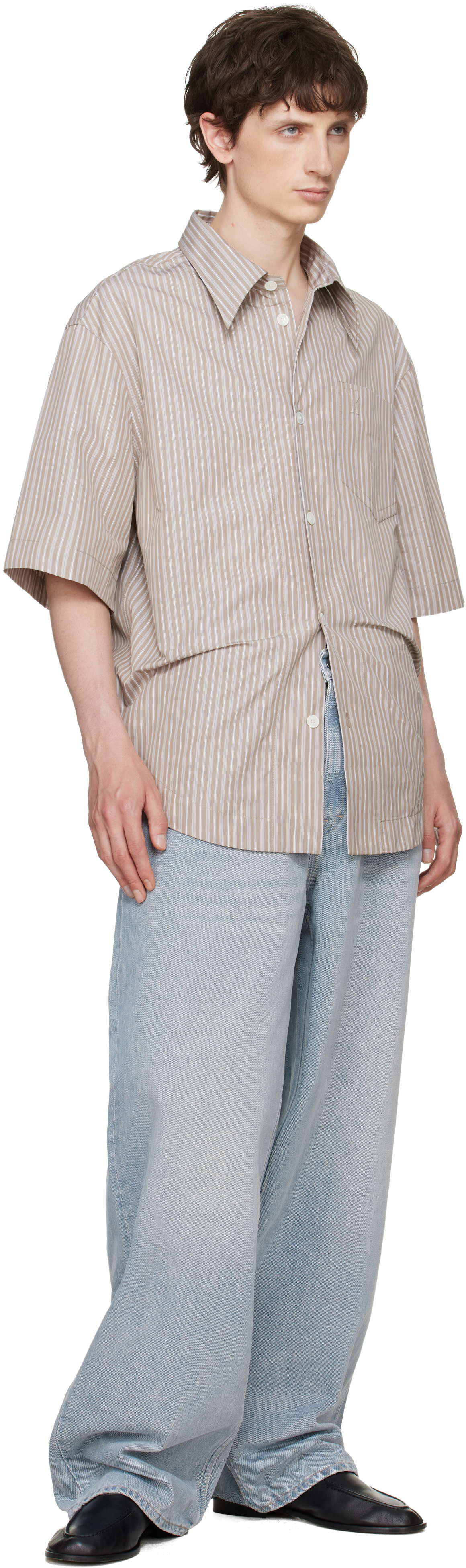 AMI Paris: Beige Striped 'Ami de Coeur' Wide Shirt | SSENSE