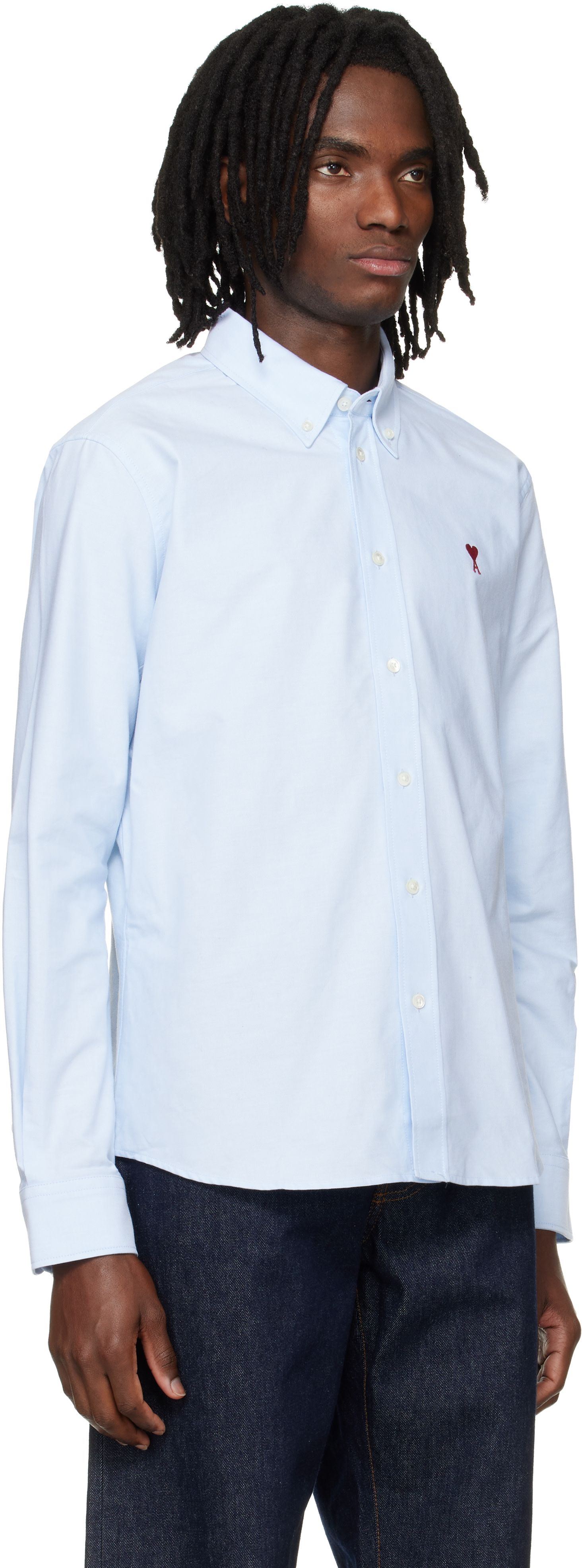 AMI Paris: Blue Classic Long Sleeve Button-Down Collar Embroidered