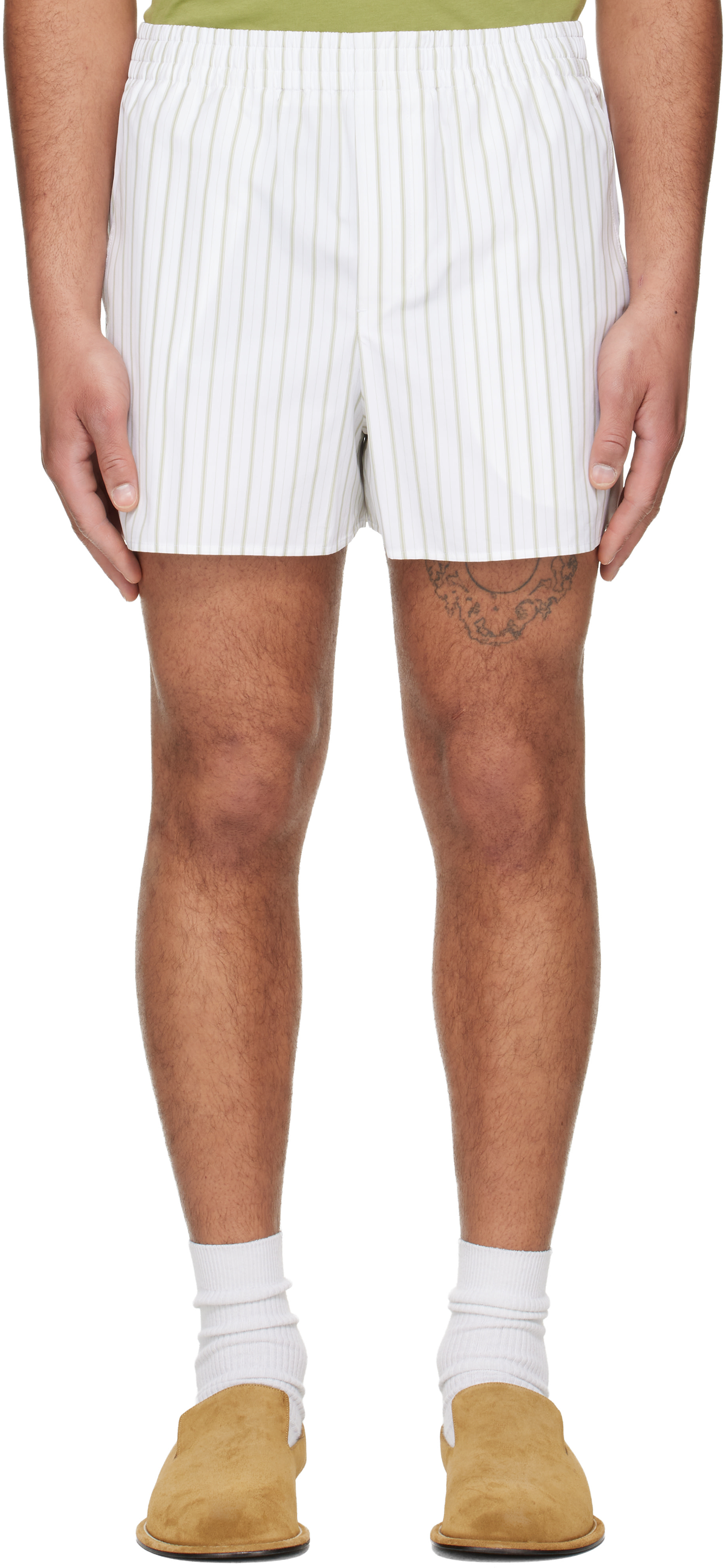 AMI Paris - Off-White & Green Cotton Elasticated Shorts