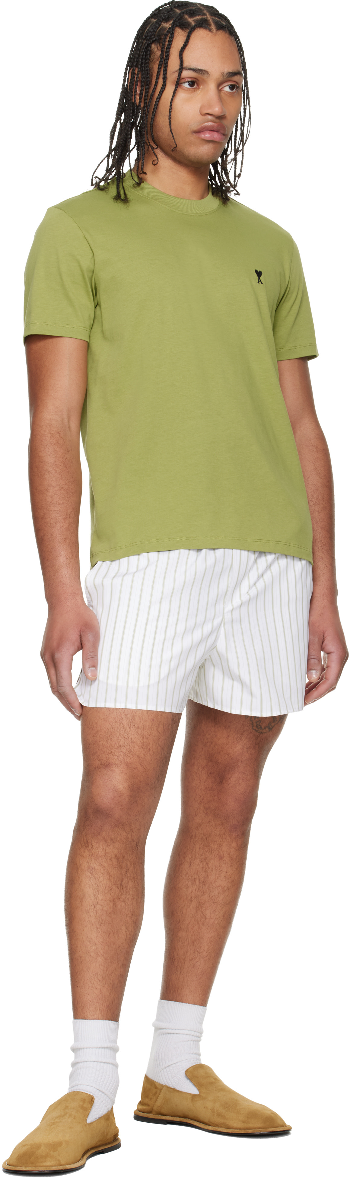 AMI Paris - Off-White & Green Cotton Elasticated Shorts