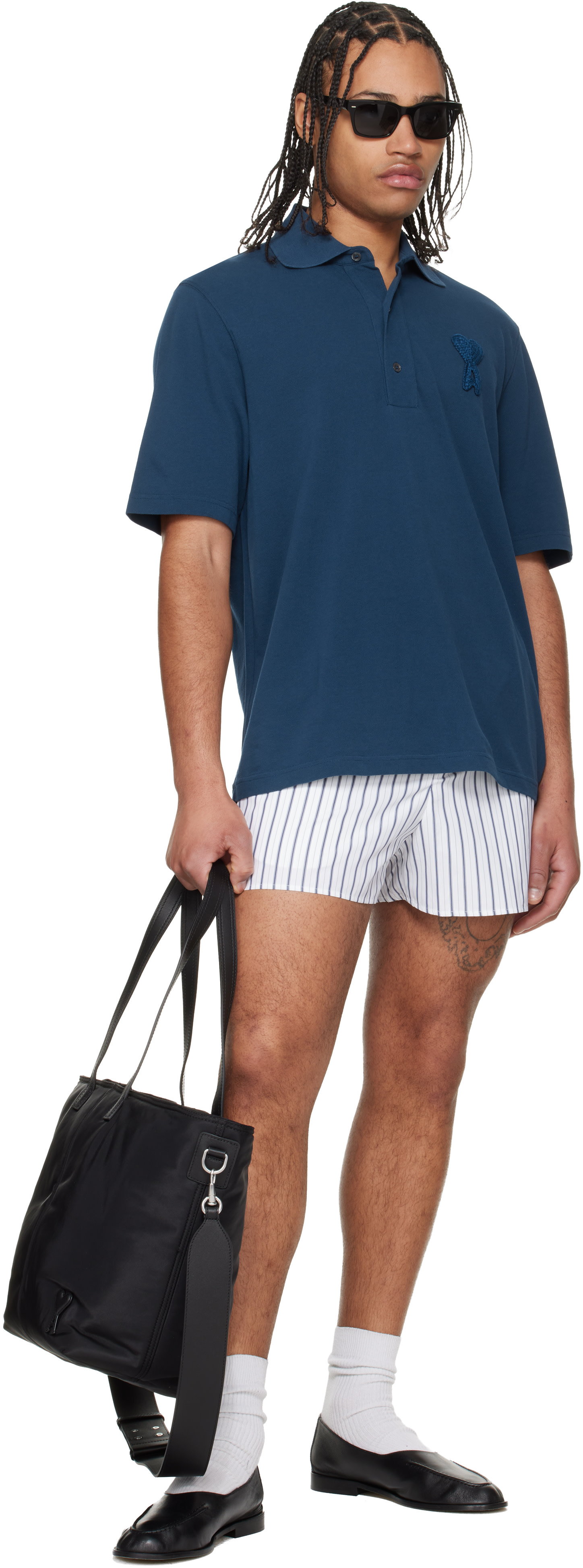 AMI Paris - White & Navy Cotton Elasticated Shorts