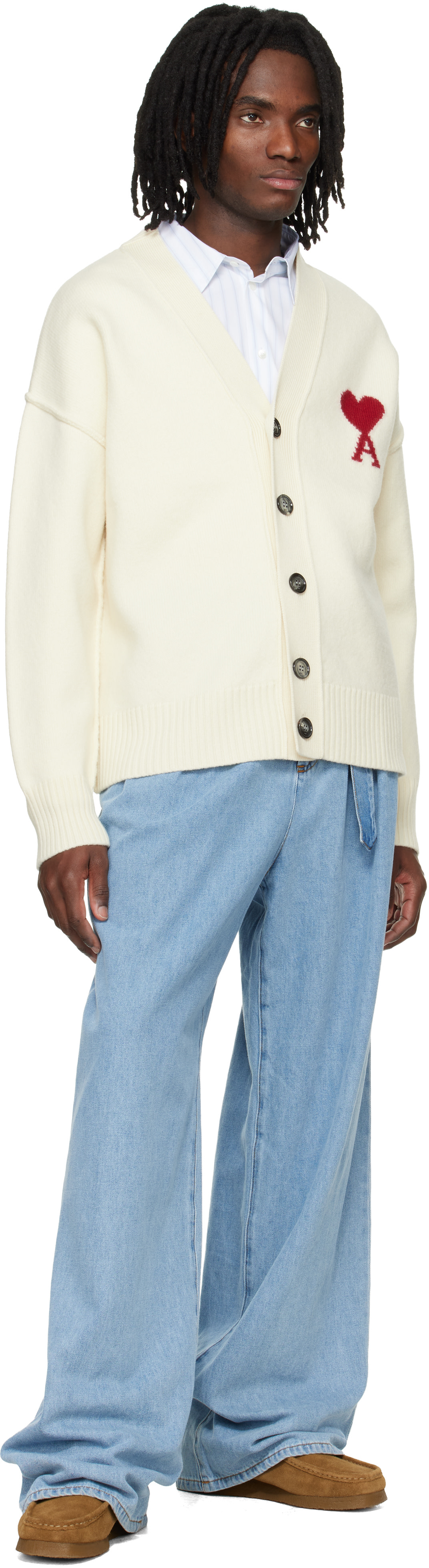 AMI Paris: Off-White Wool Contrasted Ami de Coeur Cardigan | SSENSE