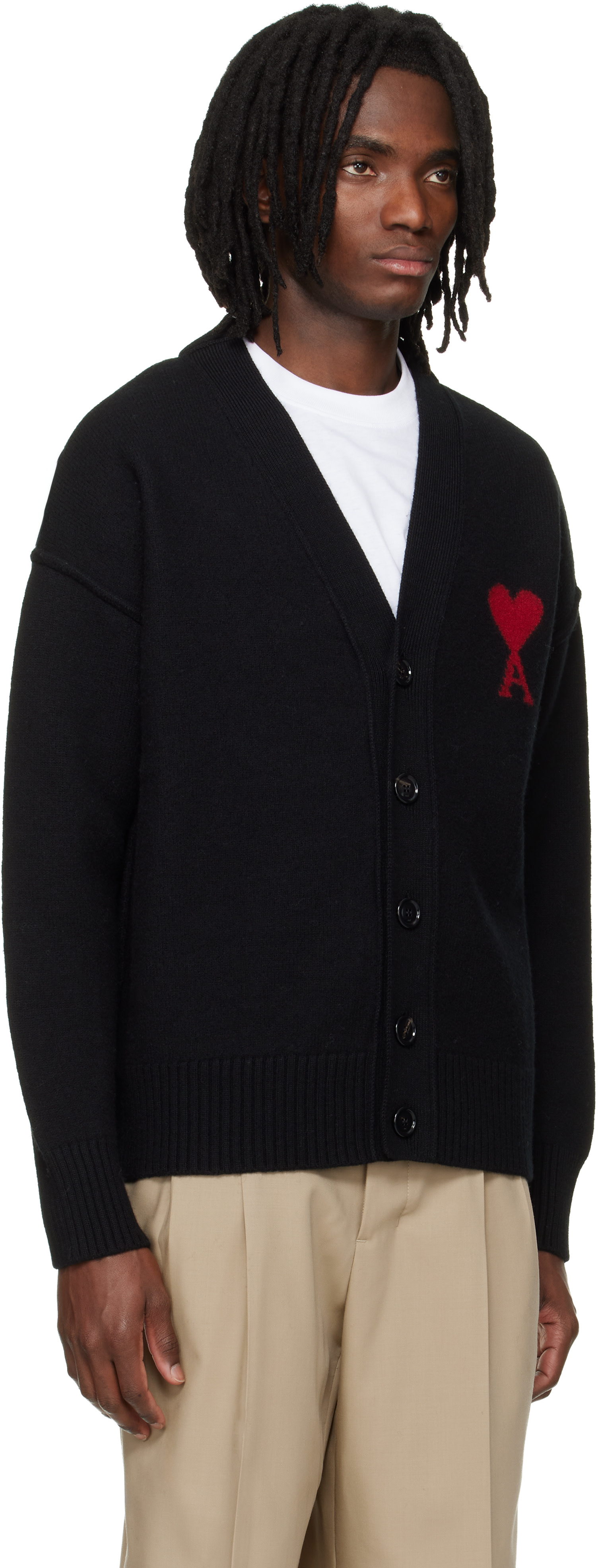 AMI Paris: Black Wool Contrasted Ami de Coeur Cardigan | SSENSE