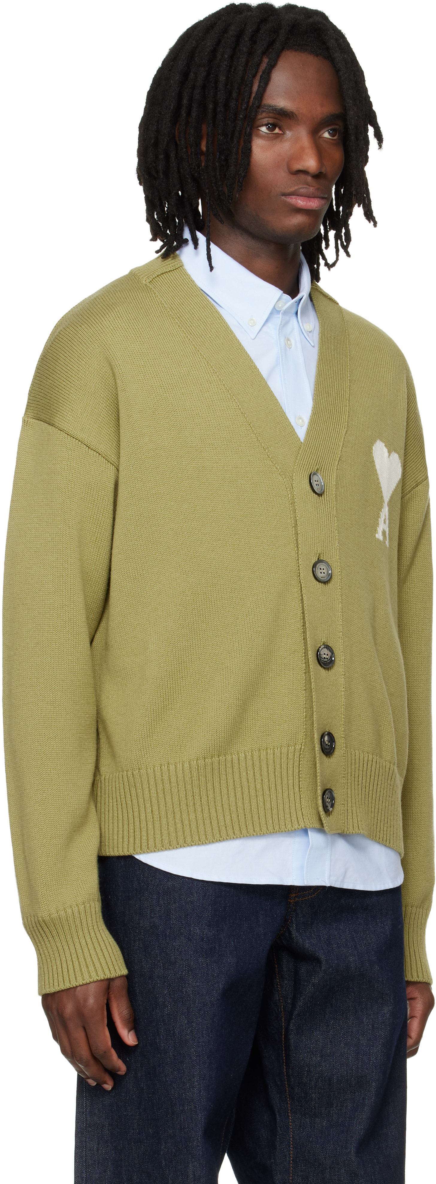 AMI Paris: Green Wool Ami de Coeur Cardigan | SSENSE
