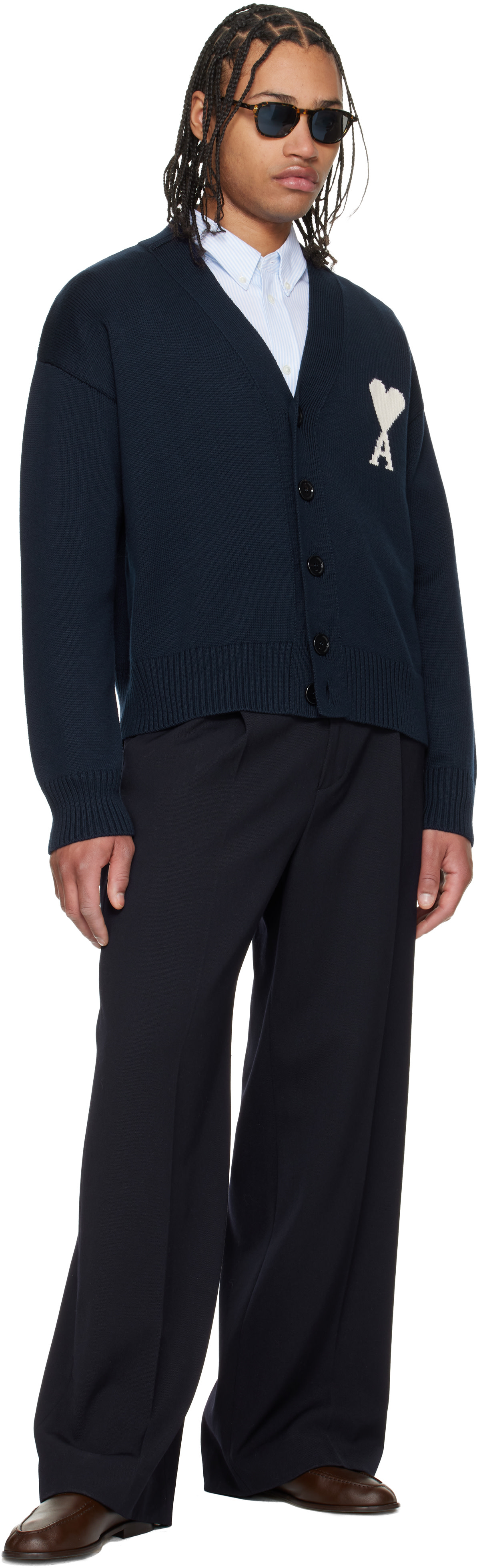 AMI Paris: Navy Wool Ami de Coeur Cardigan | SSENSE