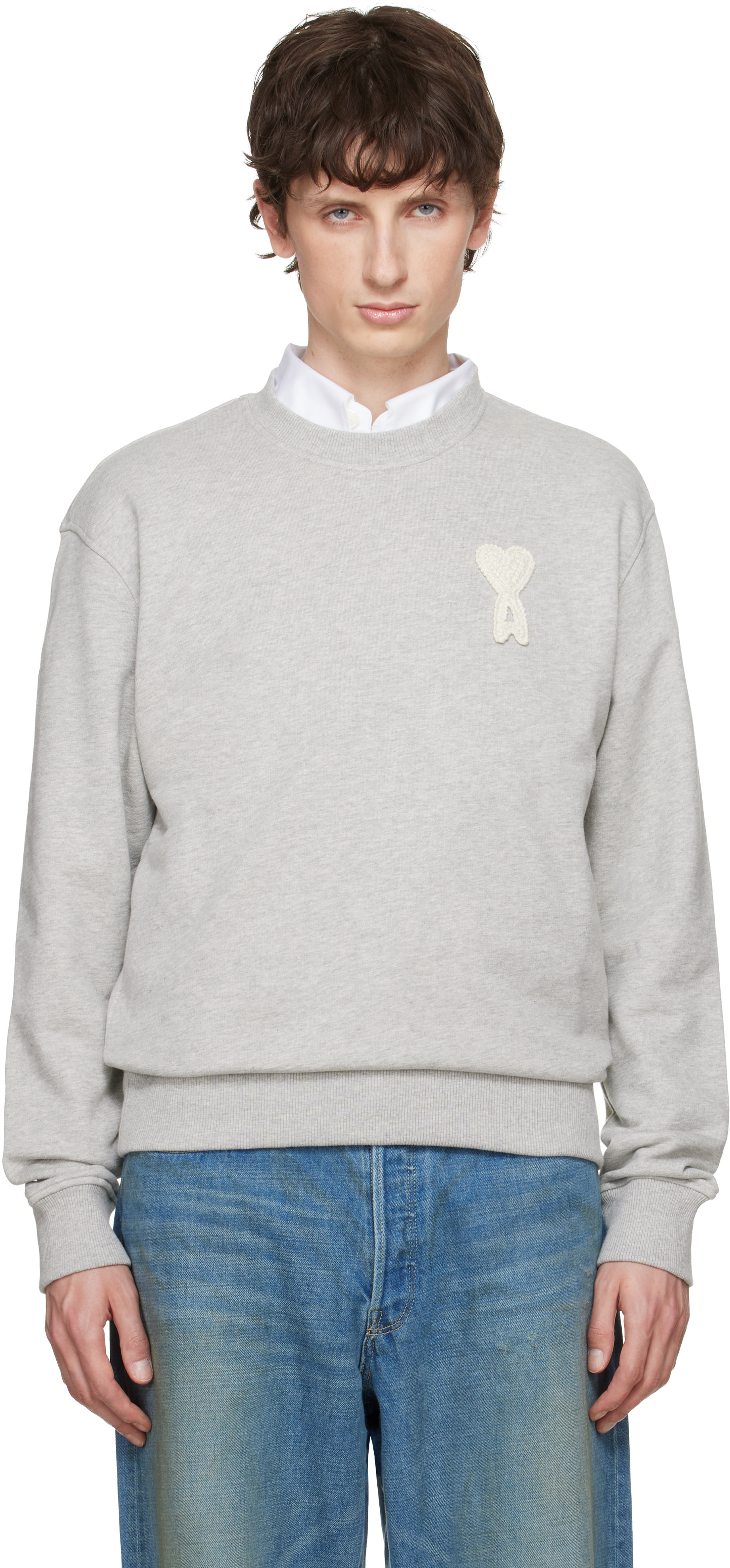 AMI Paris: Gray Cotton Crochet 'Ami de Coeur' Sweatshirt | SSENSE