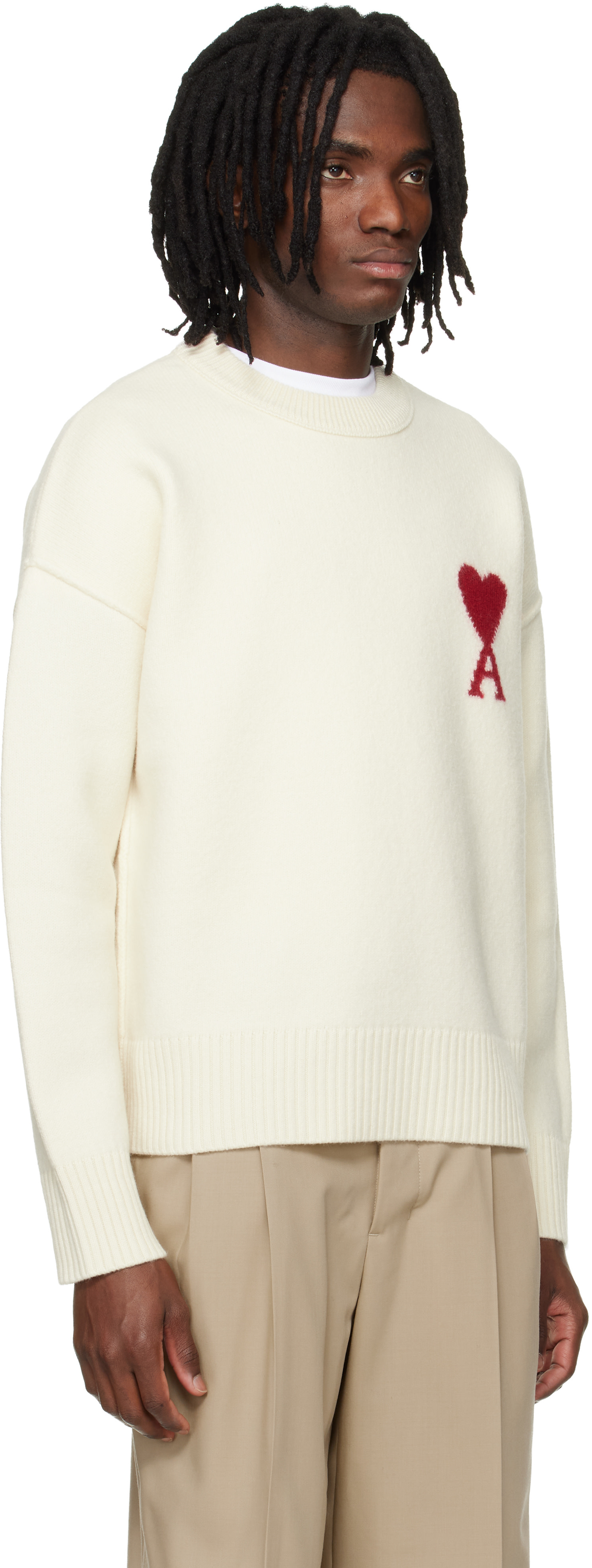 AMI Paris: オフホワイト Contrasted Ami de Coeur ウール クルー