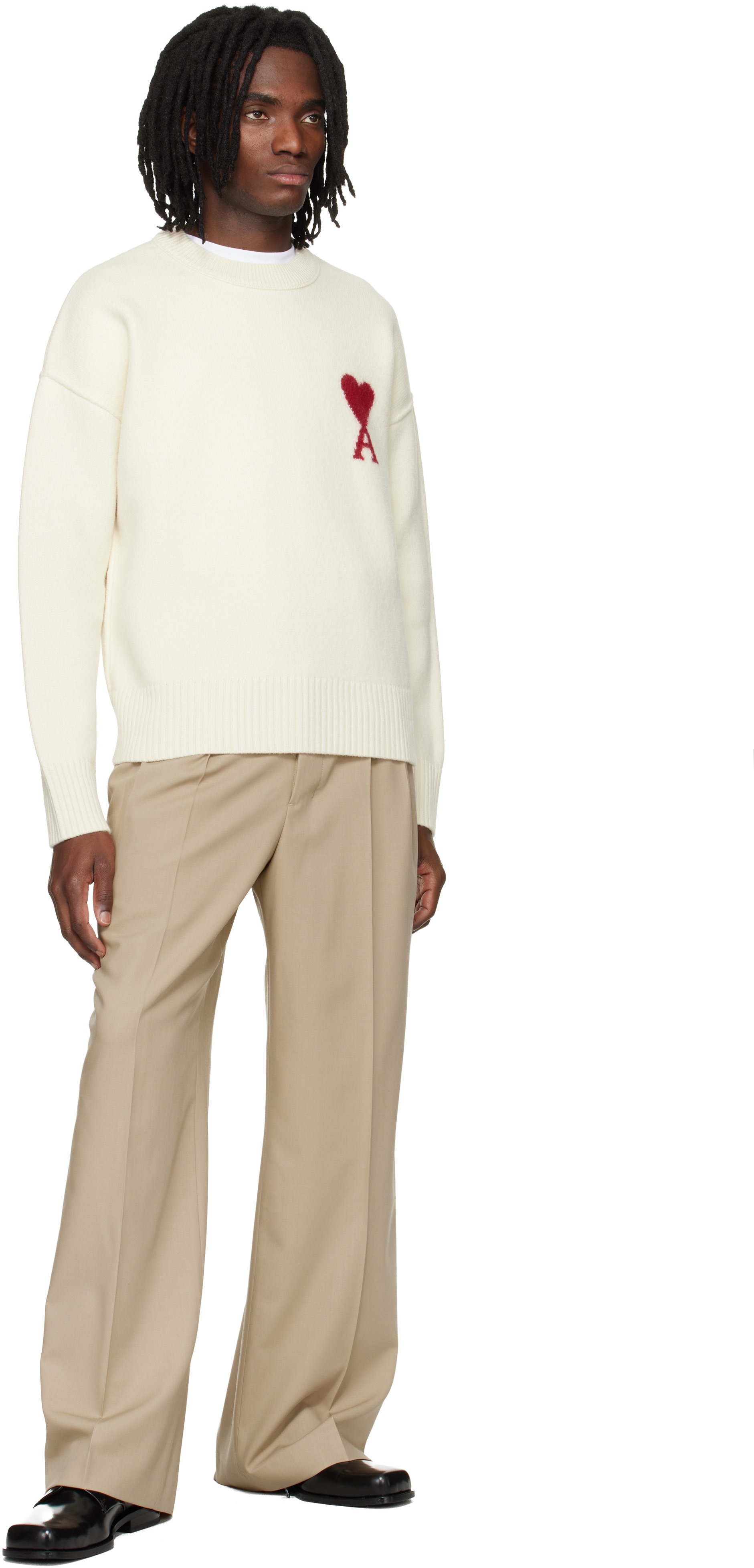 AMI Paris: Off-White Wool Contrasted Ami de Coeur Crewneck Sweater