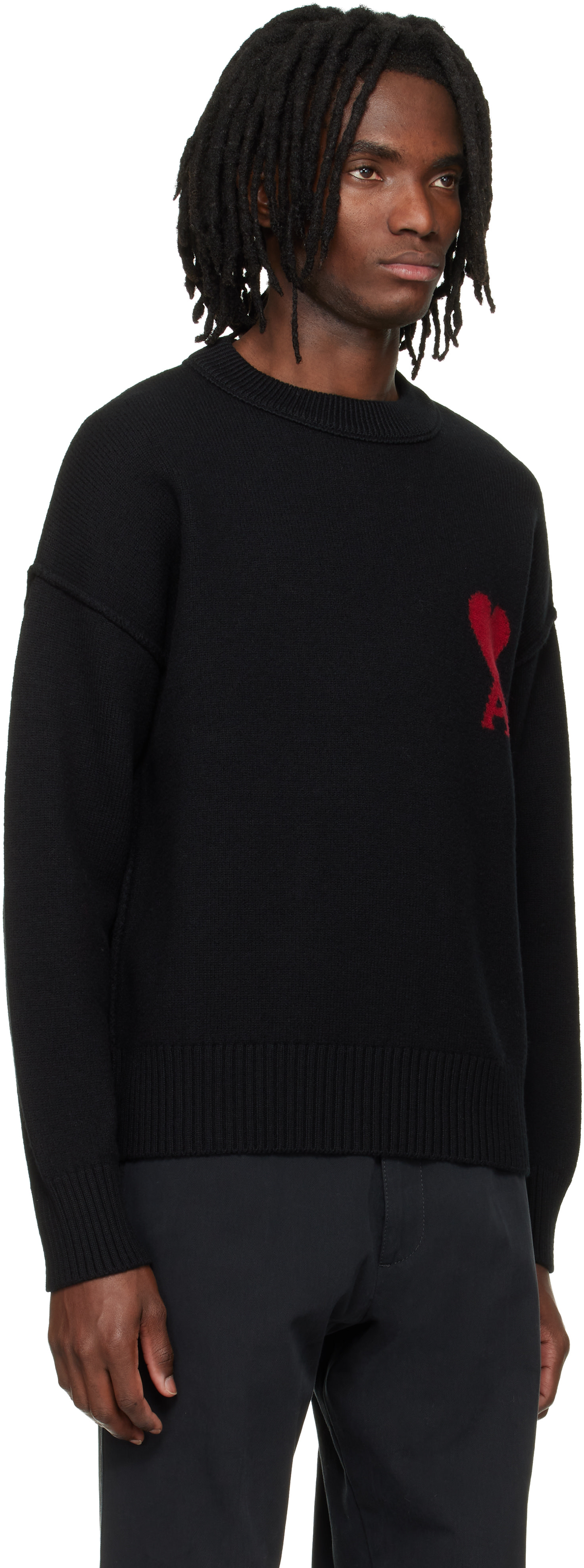 AMI Paris: Black Wool Contrasted Ami de Coeur Crewneck Sweater