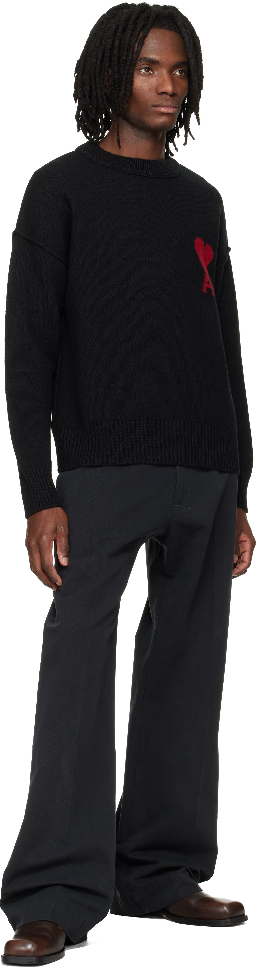 AMI Paris: Black Wool Contrasted Ami de Coeur Crewneck Sweater