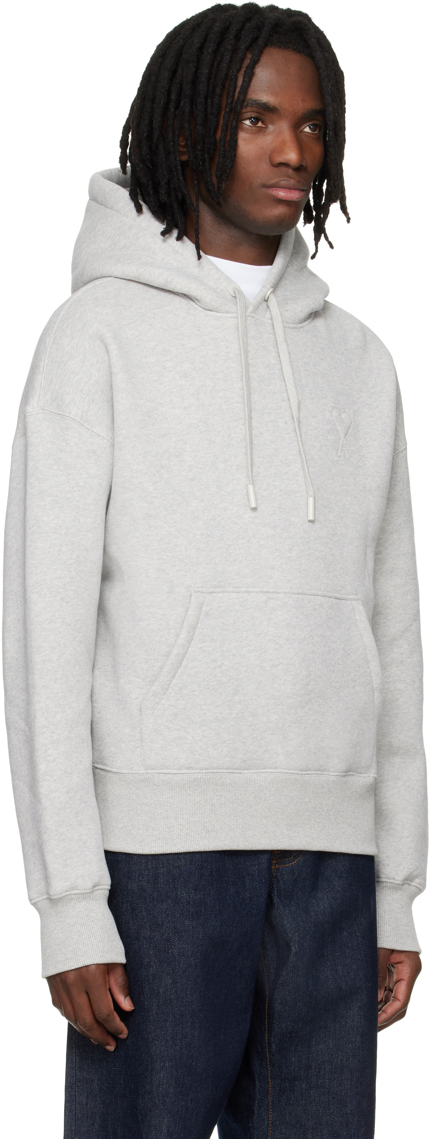 AMI Paris: Grey Cotton Embossed Ami De Coeur Hoodie | SSENSE