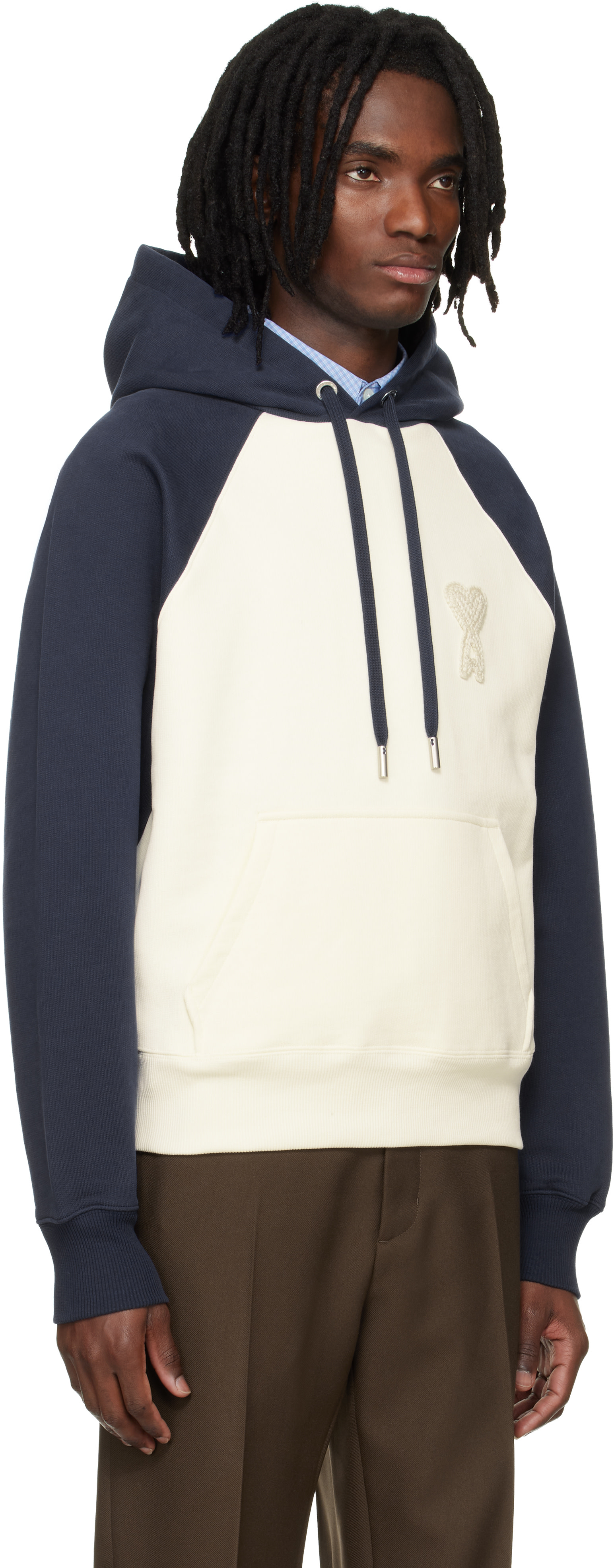 AMI Paris: Off-White & Blue Cotton Knitted Ami de Coeur Hoodie 