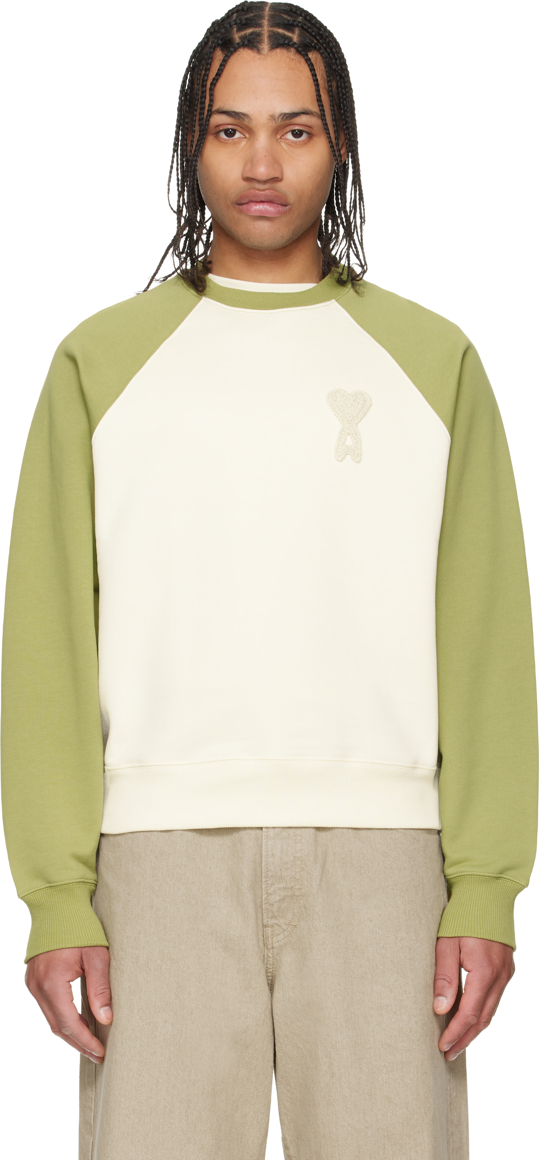 AMI Paris: Green & Off-White Cotton Knitted Ami de Coeur