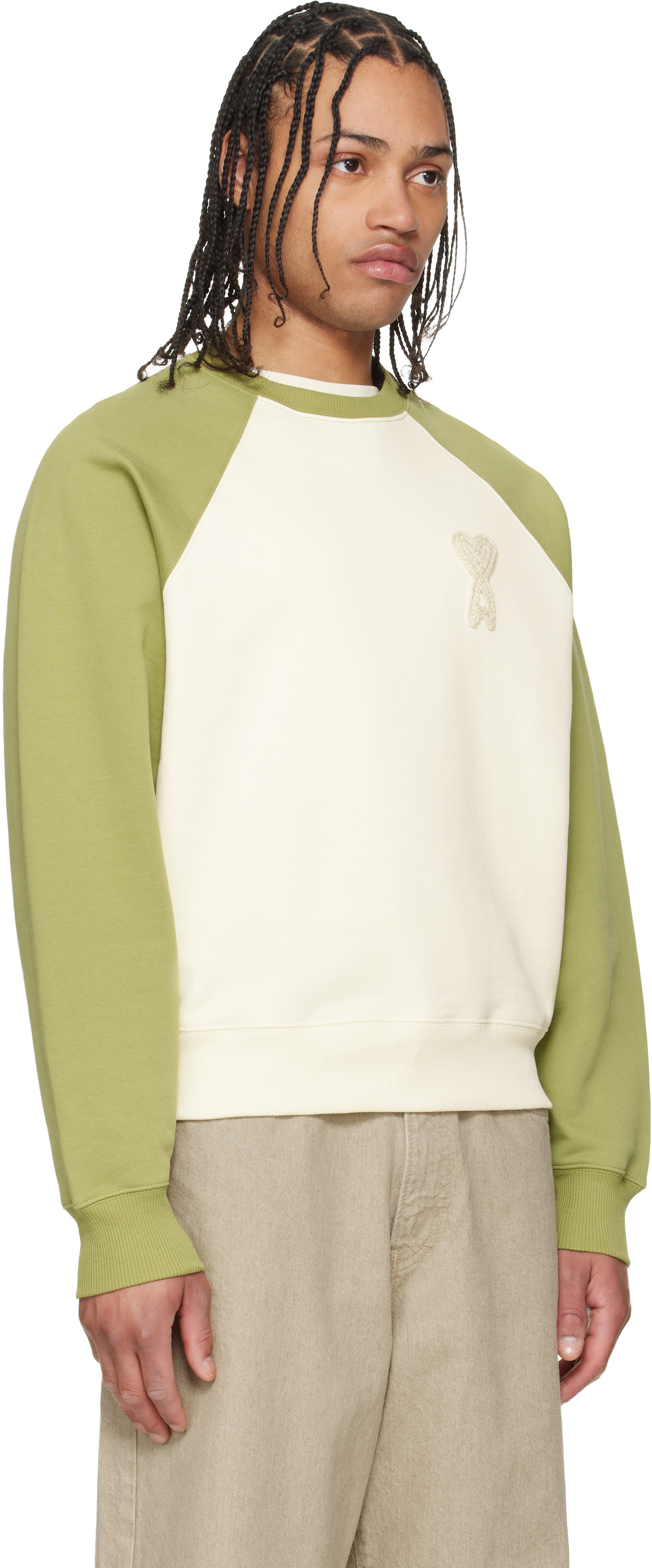 AMI Paris: Green & Off-White Cotton Knitted Ami de Coeur