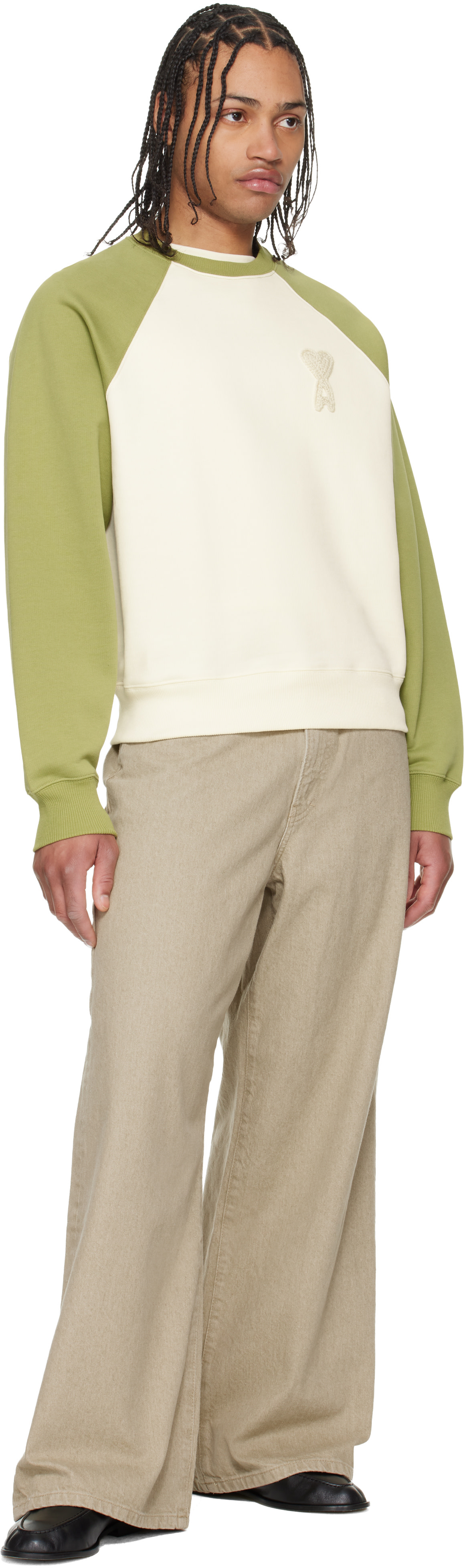 AMI Paris: Green & Off-White Cotton Knitted Ami de Coeur