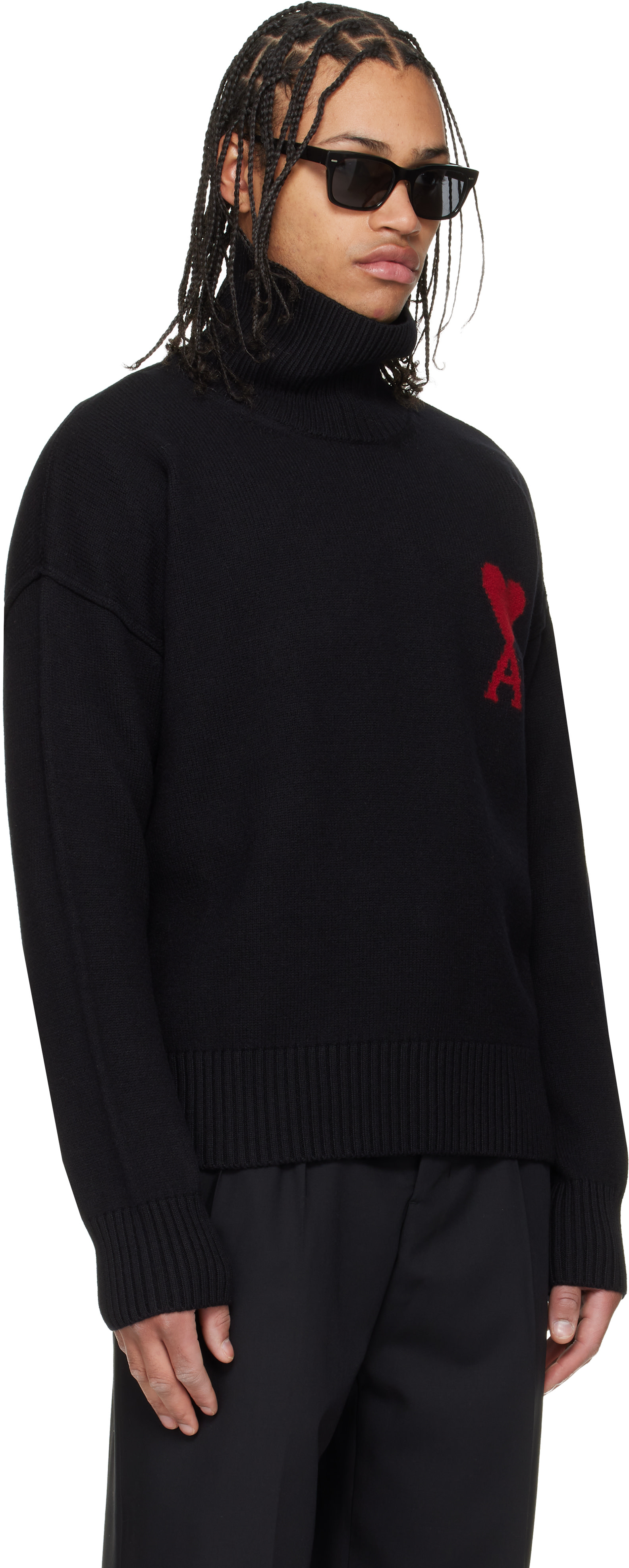AMI Paris: Black Contrasted Ami de Coeur Funnel Neck Sweater | SSENSE