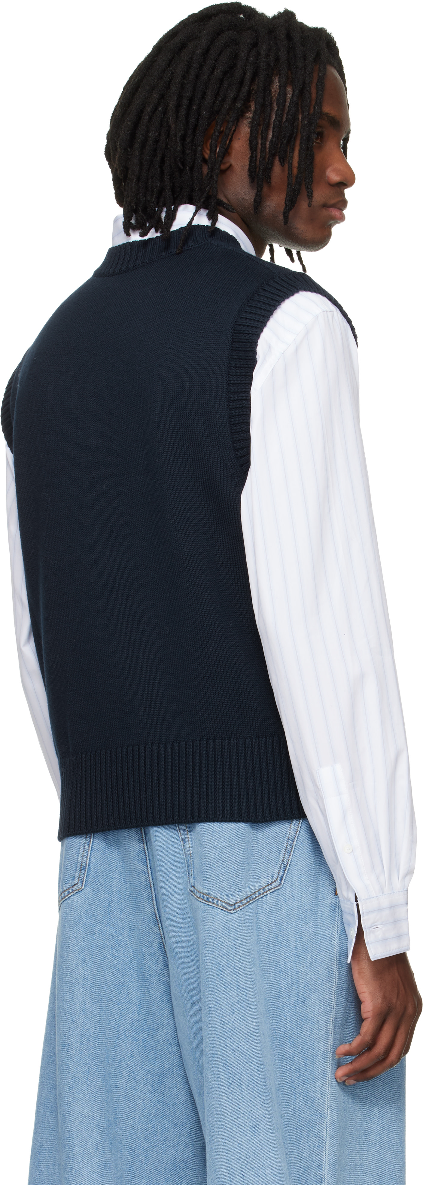 AMI Paris: Navy Wool Cotton Sleeveless Ami de Coeur Sweater | SSENSE