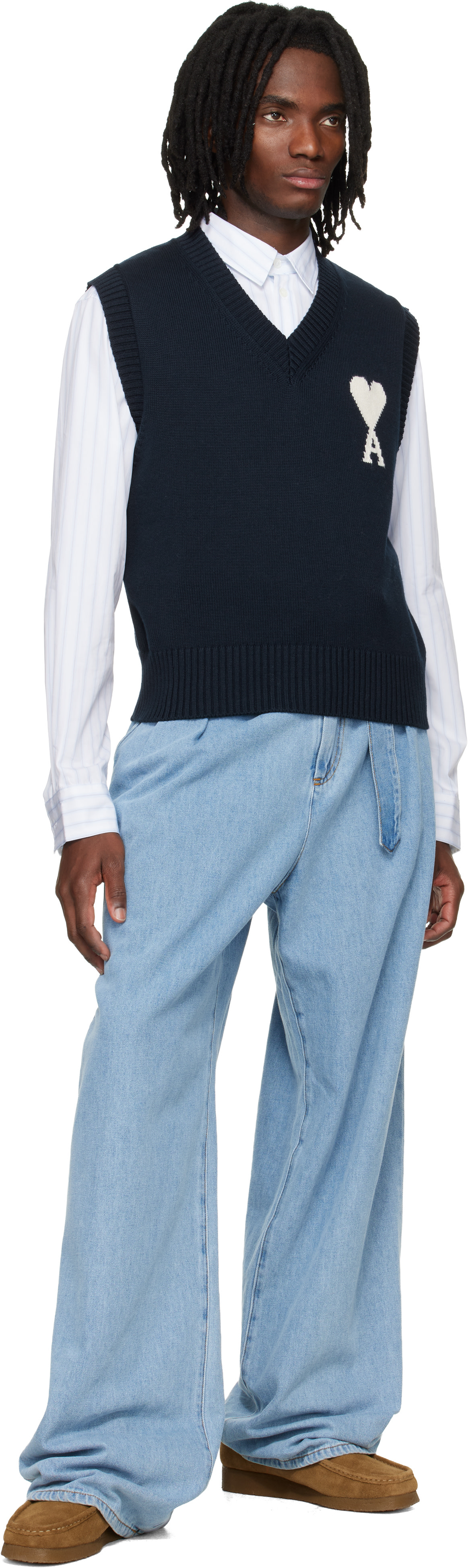 AMI Paris: Navy Wool Cotton Sleeveless Ami de Coeur Sweater | SSENSE