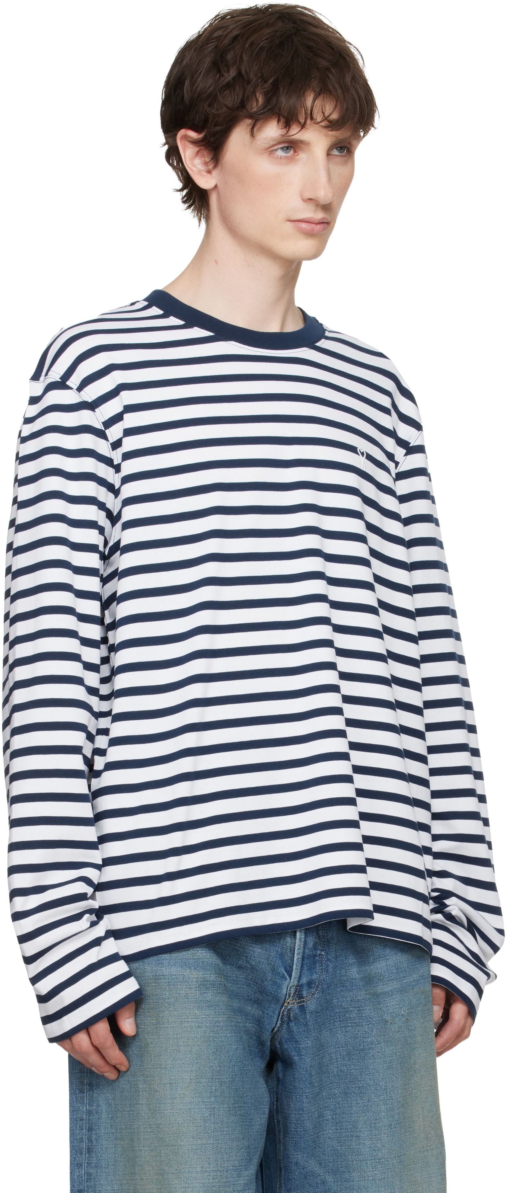 AMI Paris: White & Navy Mariniere 'Ami de Coeur' T-shirt | SSENSE