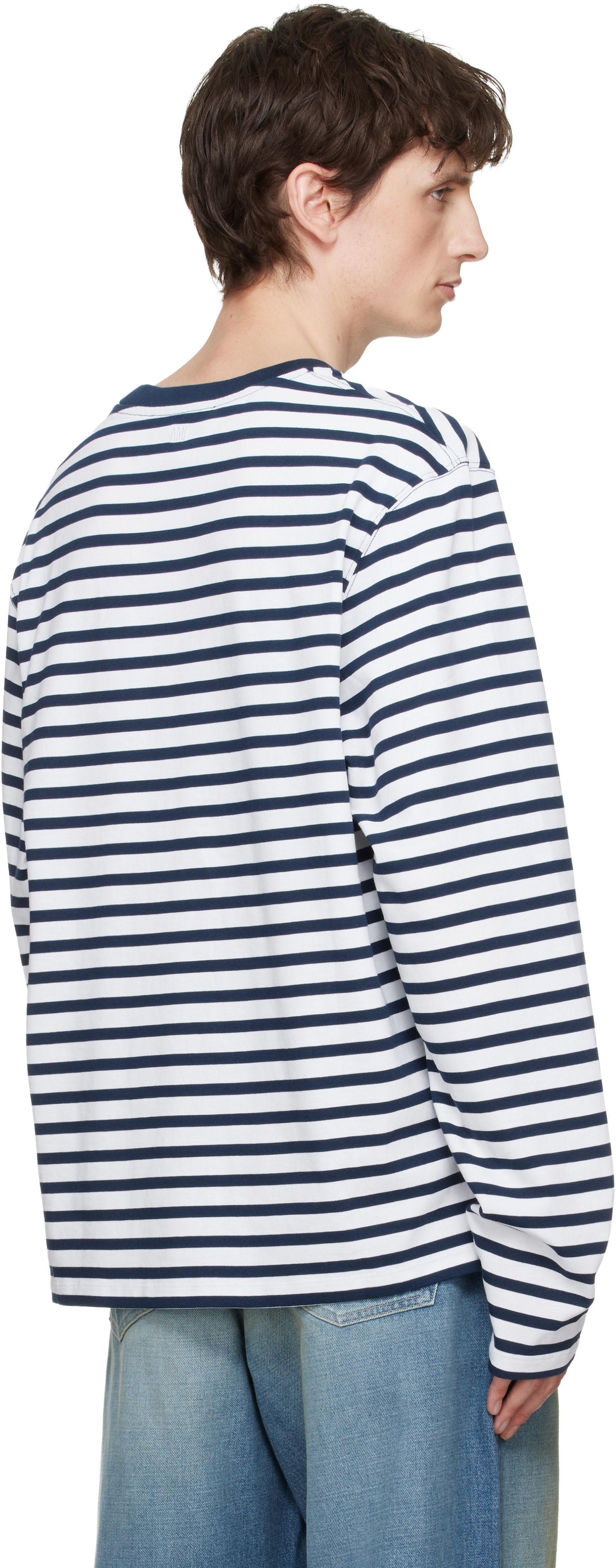 AMI Paris: White & Navy Mariniere 'Ami de Coeur' T-shirt | SSENSE
