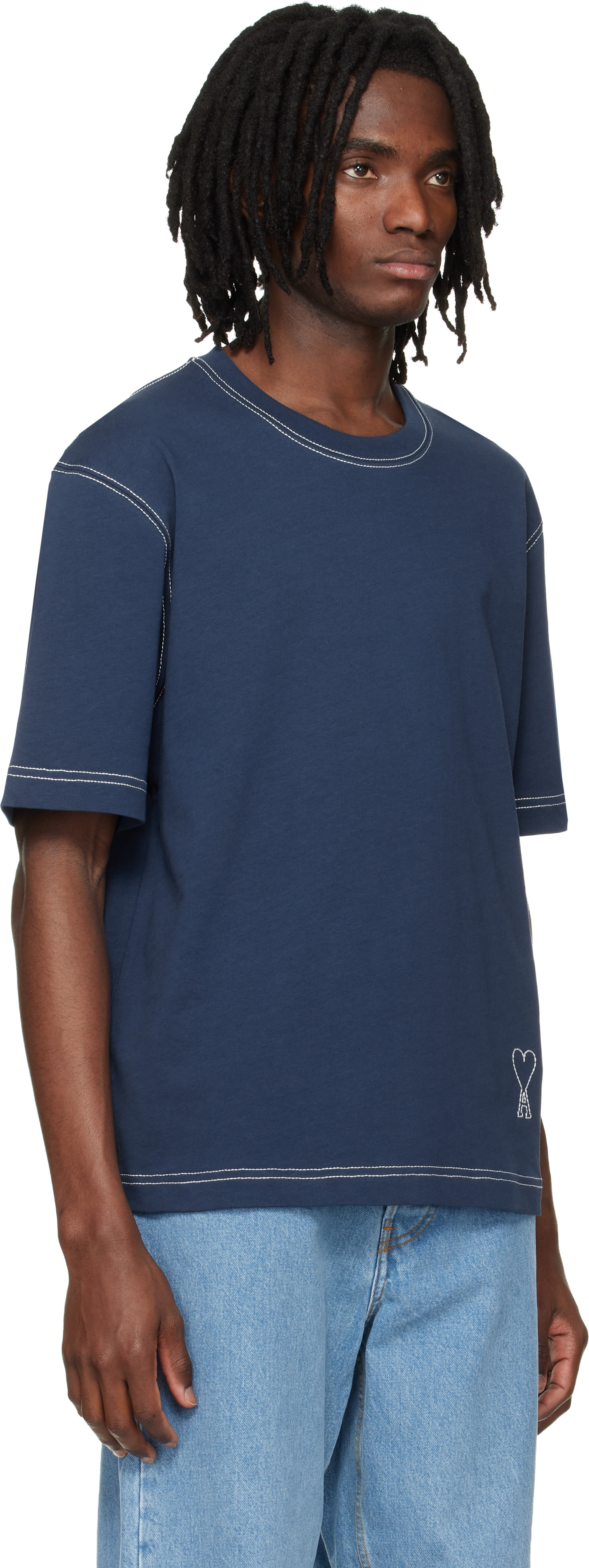 AMI Paris: Blue Boxy Fit Topstitched Ami de Coeur T-shirt | SSENSE