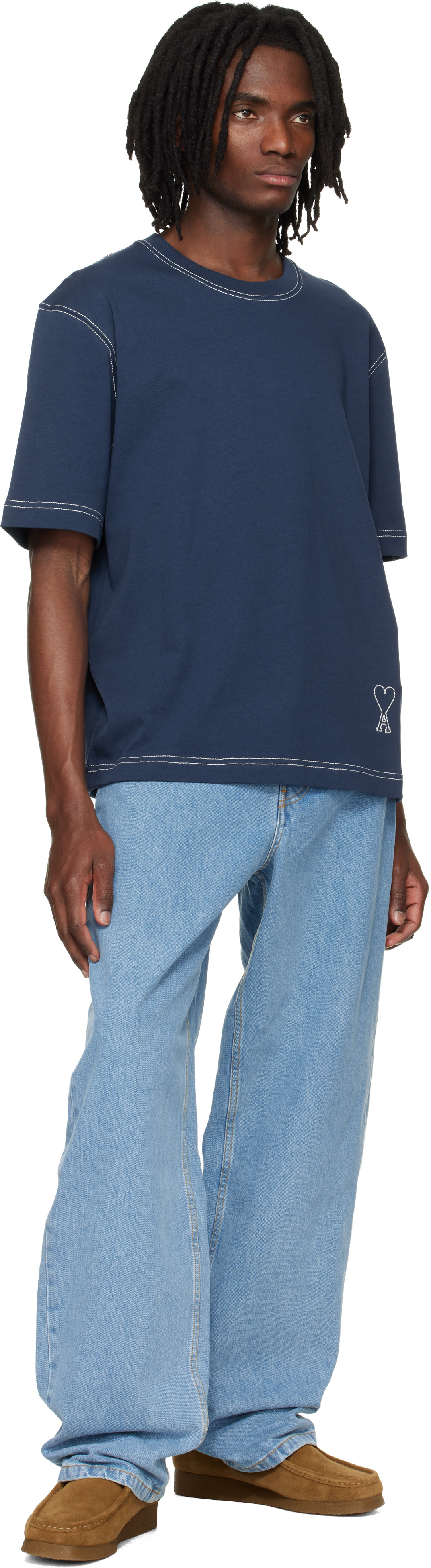 AMI Paris: Blue Boxy Fit Topstitched Ami de Coeur T-shirt | SSENSE