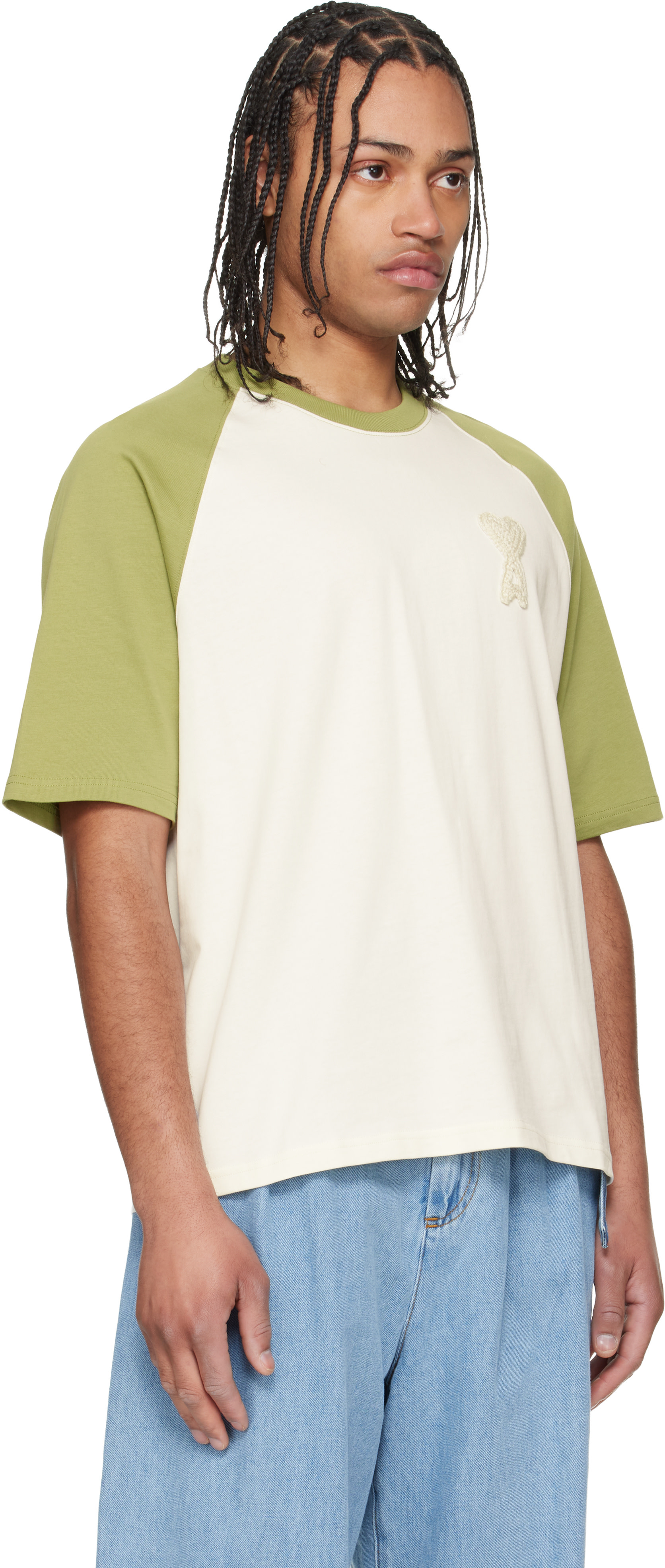 AMI Paris: ホワイト＆グリーン Cotton Ami de Coeur Knitted パッチ T