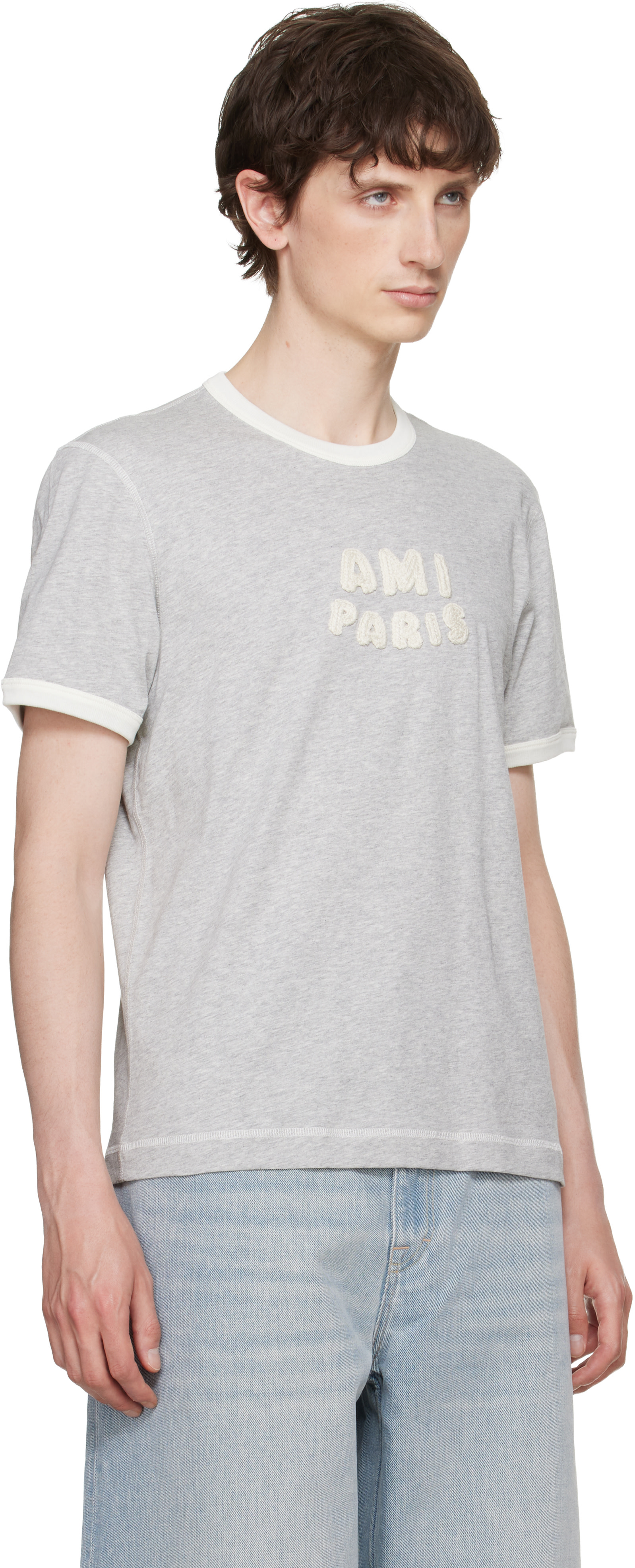 AMI Paris: グレー Cotton 'Ami Paris' ニット パッチ Tシャツ