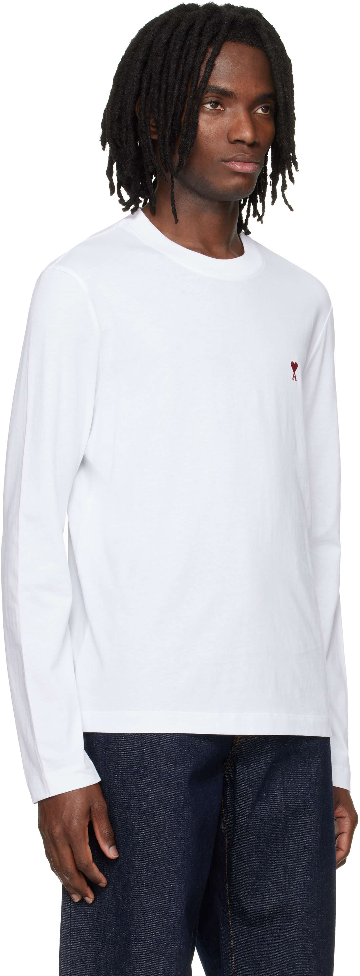 AMI Paris: White Cotton Red Ami de Coeur Longsleeves T-shirt | SSENSE