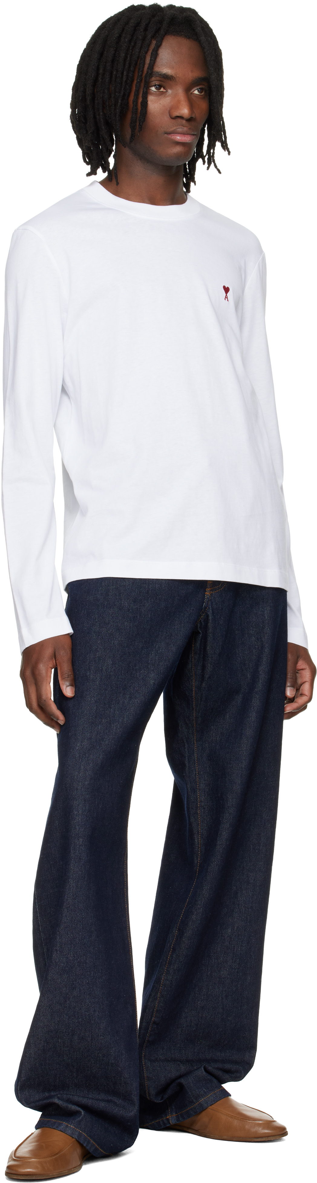 AMI Paris: White Cotton Red Ami de Coeur Longsleeves T-shirt | SSENSE