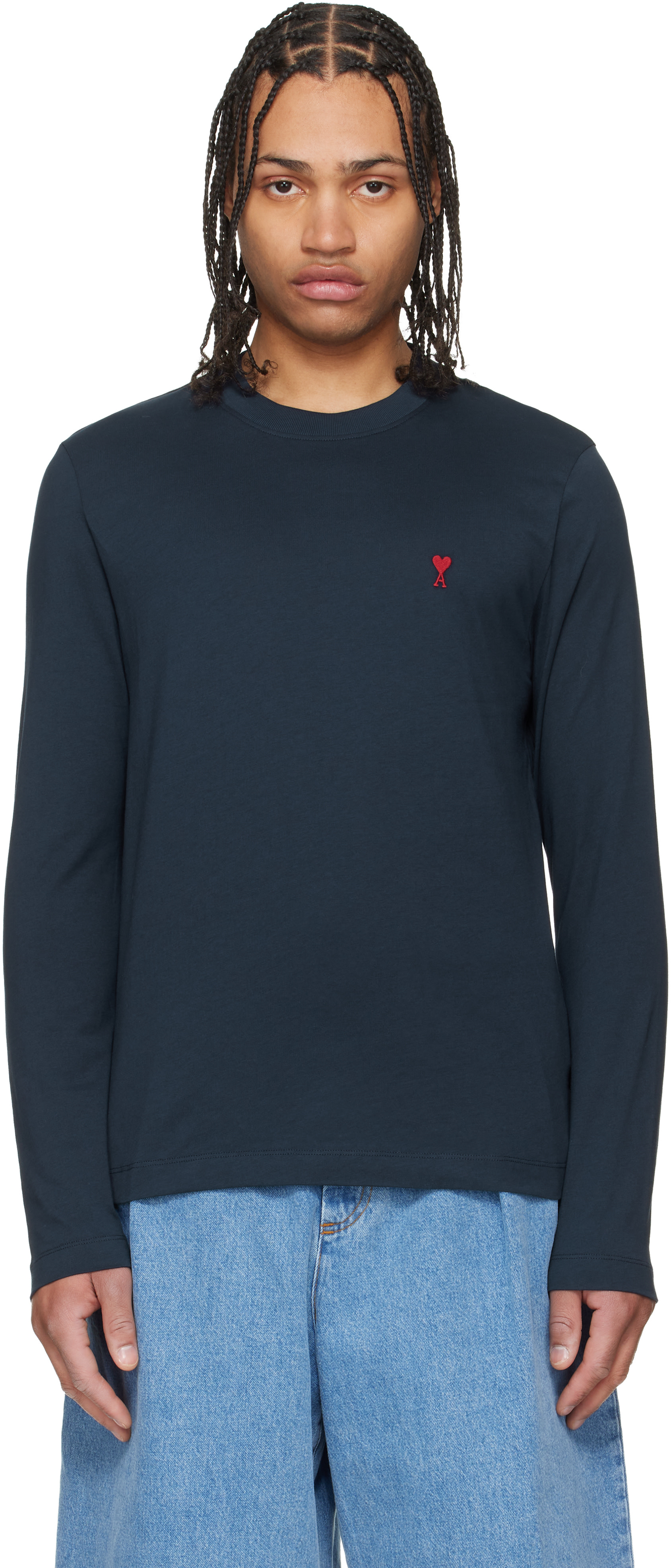AMI Paris: Navy Cotton Ami de Coeur Long Sleeves T-shirt | SSENSE