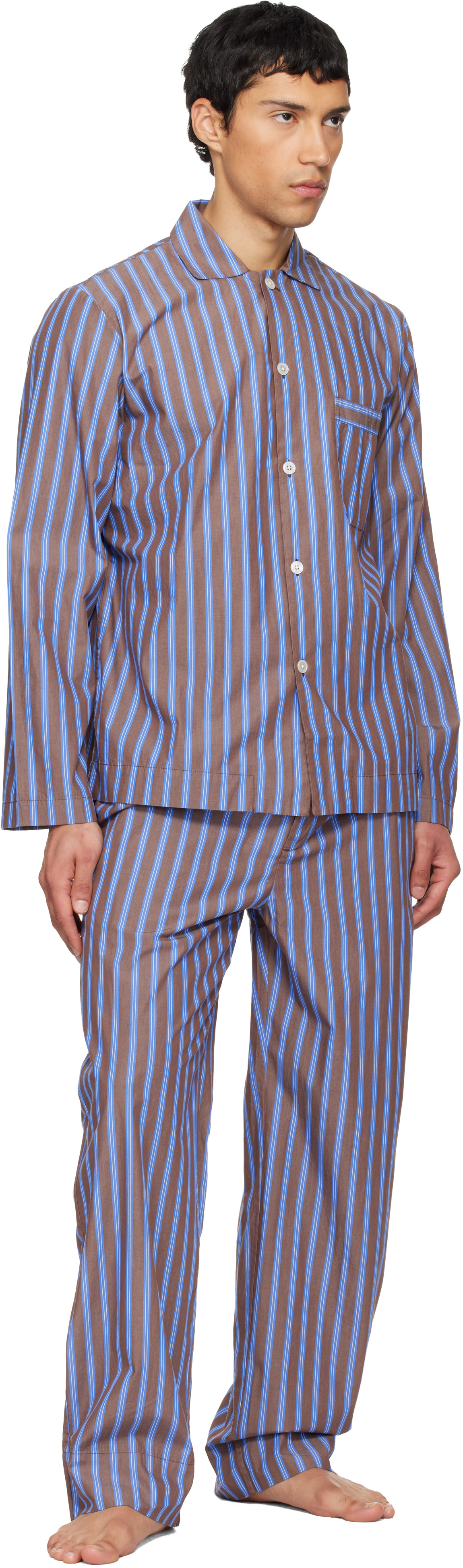 Tekla - Brown & Blue Poplin Pyjama Shorts