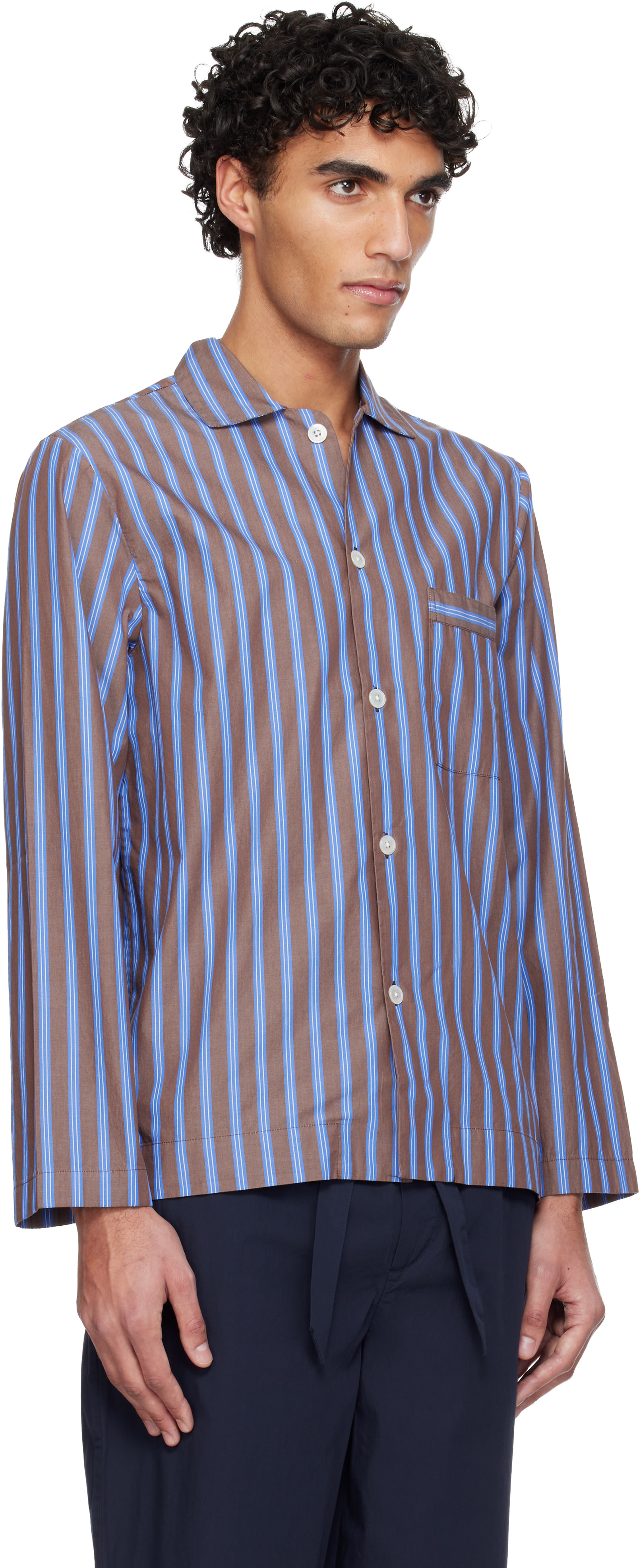 Tekla - Brown & Blue Poplin Long-Sleeved Pyjama Shirt