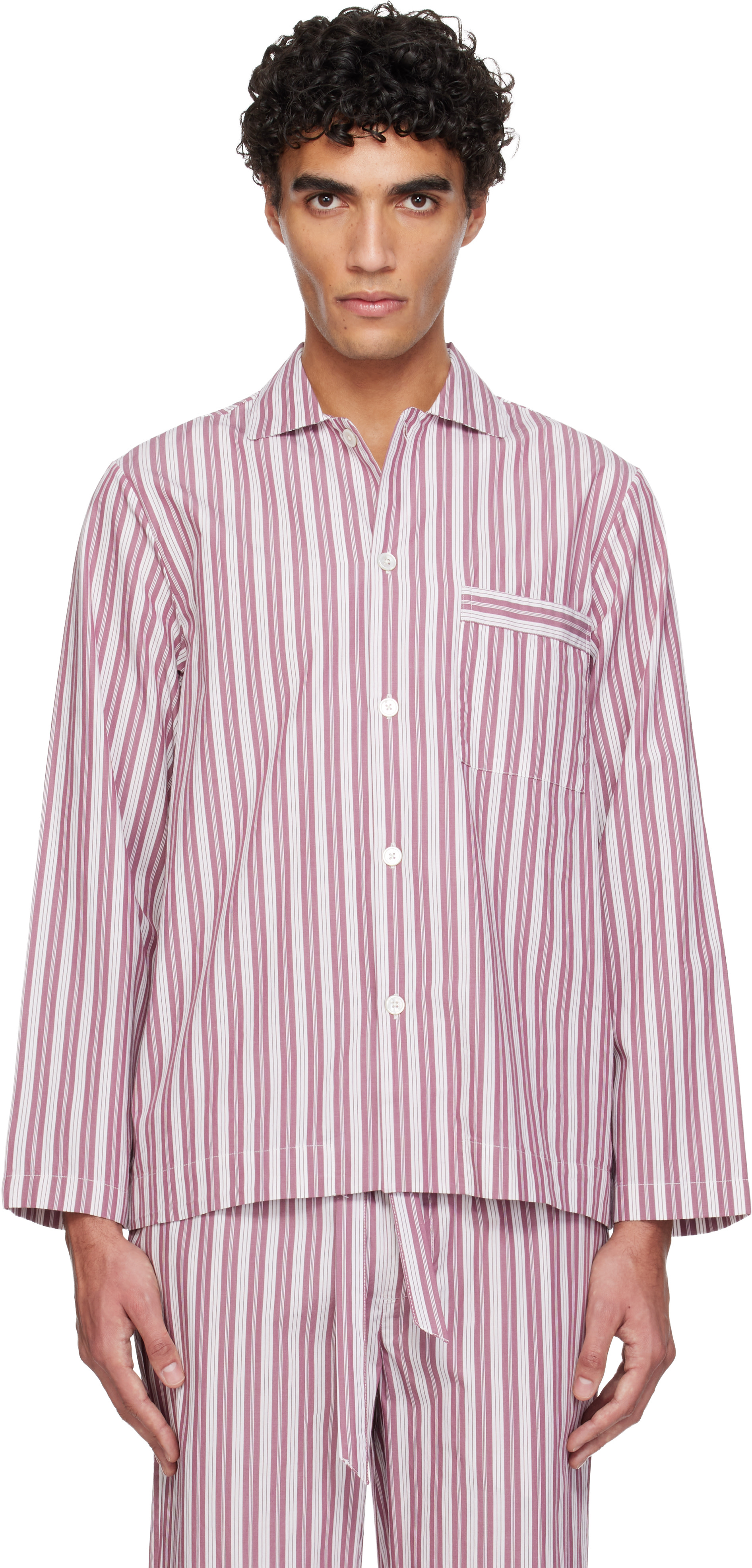 Tekla - Pink & White Poplin Long-Sleeved Pyjama Shirt