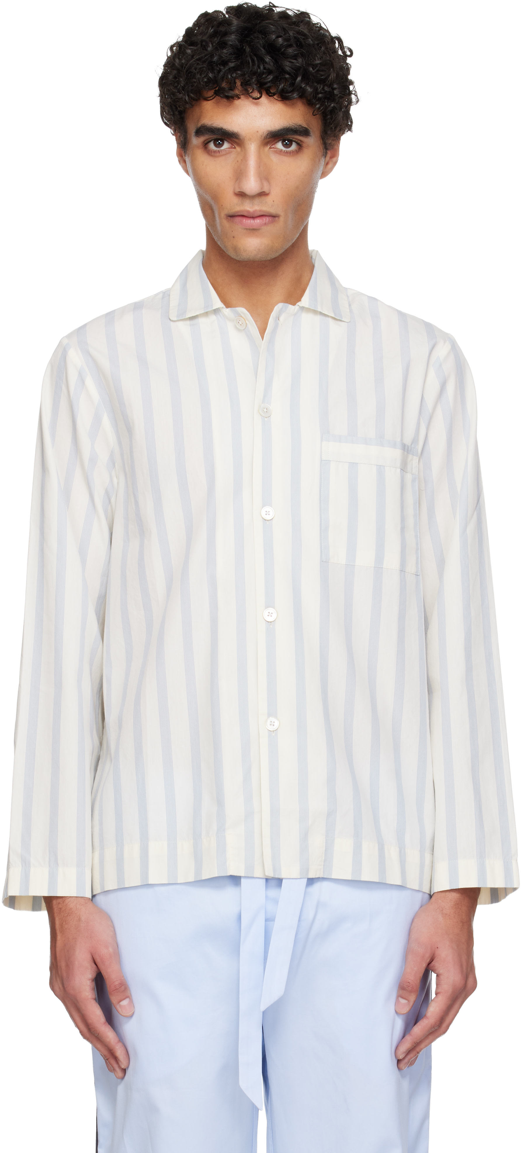 Tekla - White & Blue Poplin Long-Sleeved Pyjama Shirt
