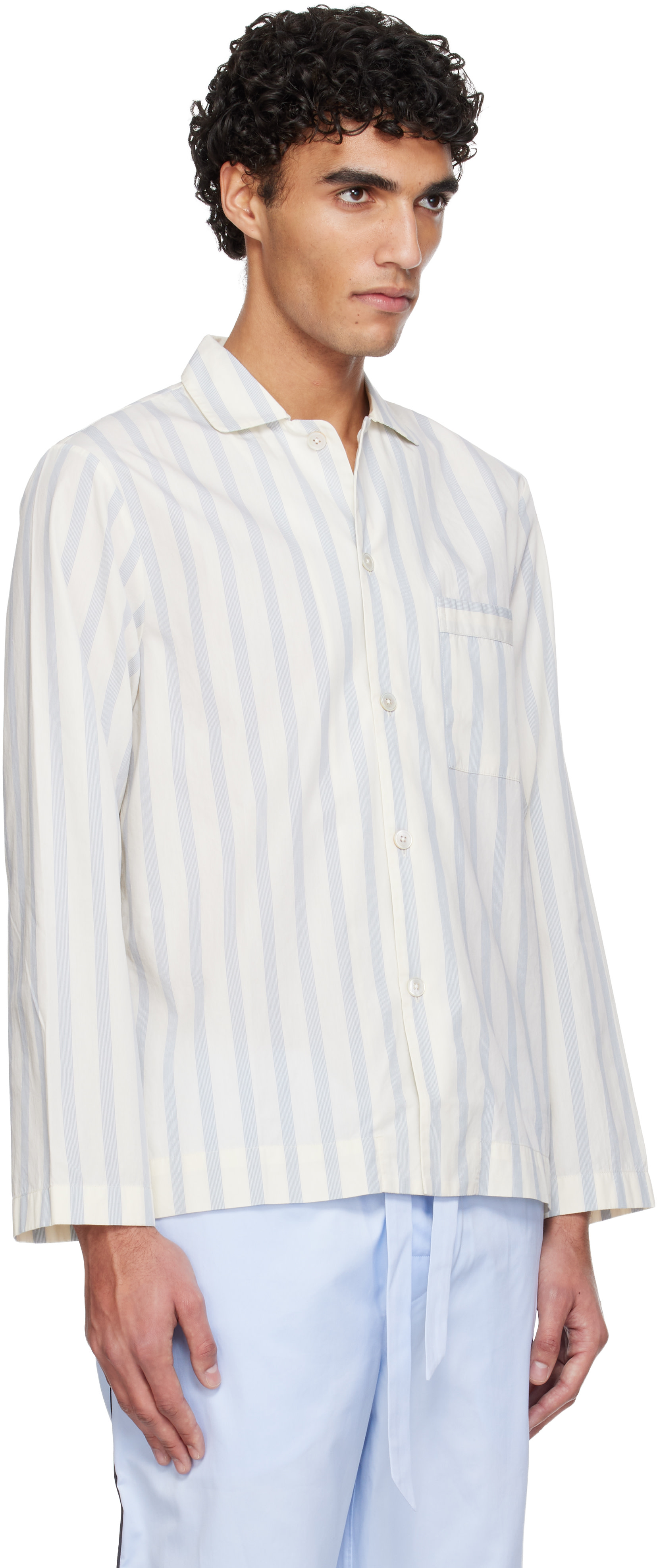 Tekla - White & Blue Poplin Long-Sleeved Pyjama Shirt